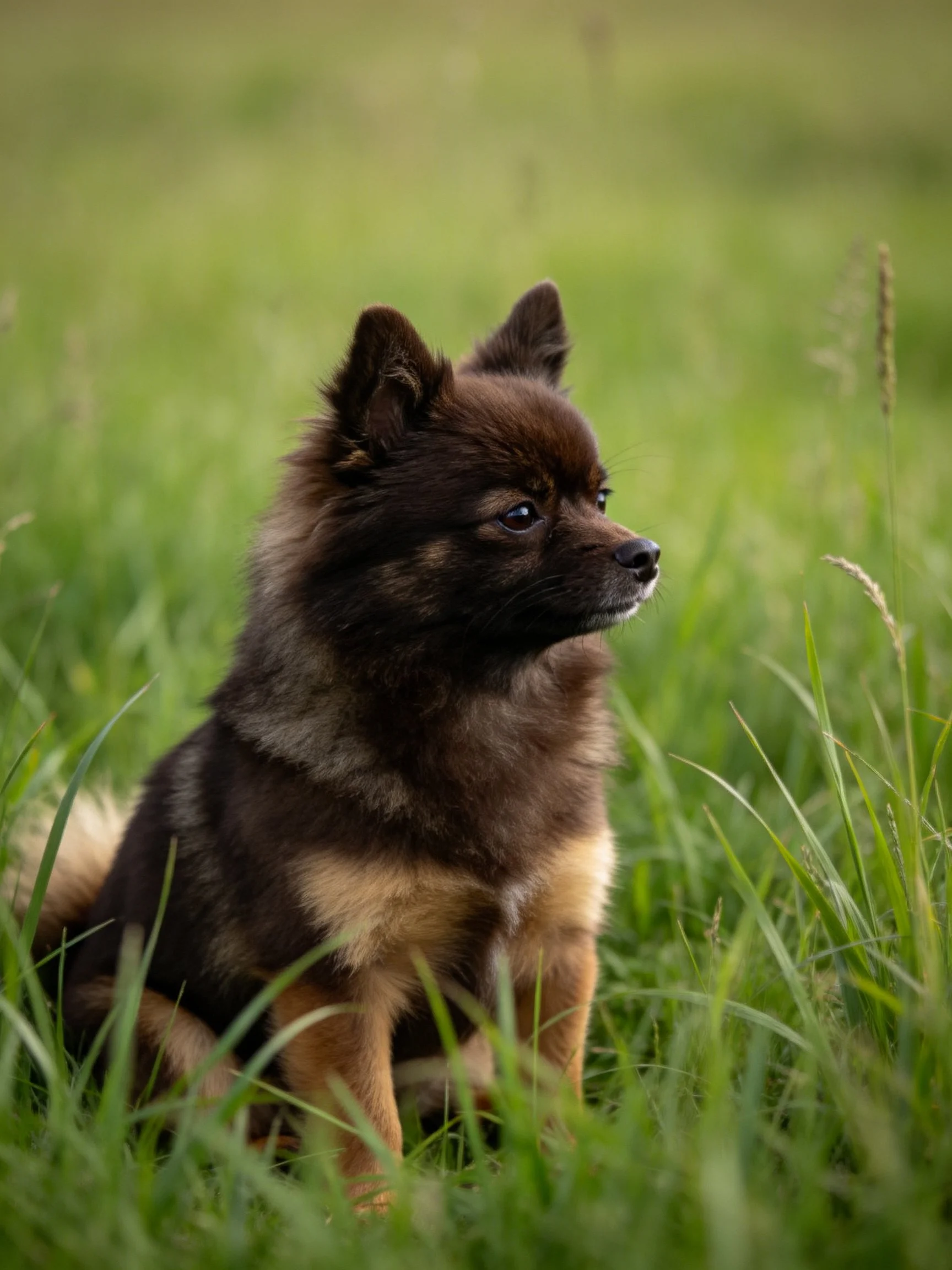 A small brown and tan dog sits calmly amid tall green grass.