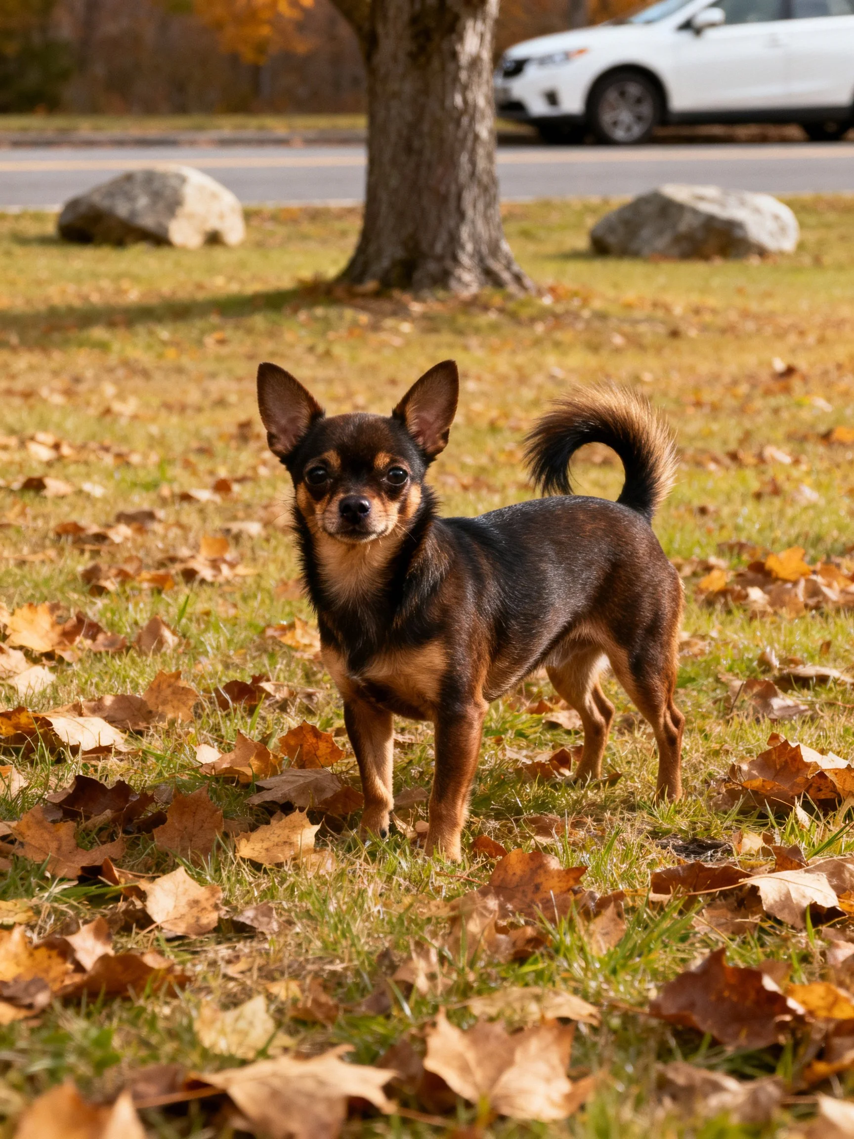 A small brown and tan dog stands on a leaf-covered lawn near a tree