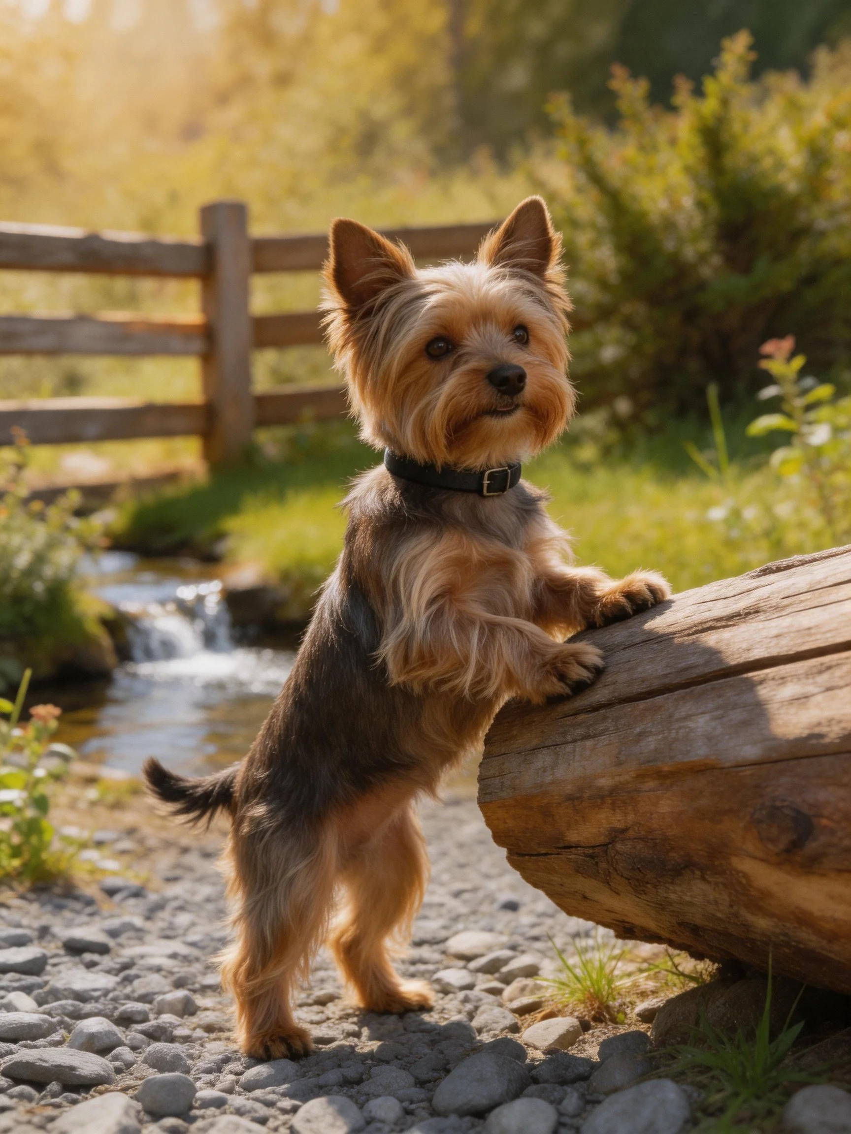 A small dog stands on a log near a tranquil stream in a sunny outdoor setting.