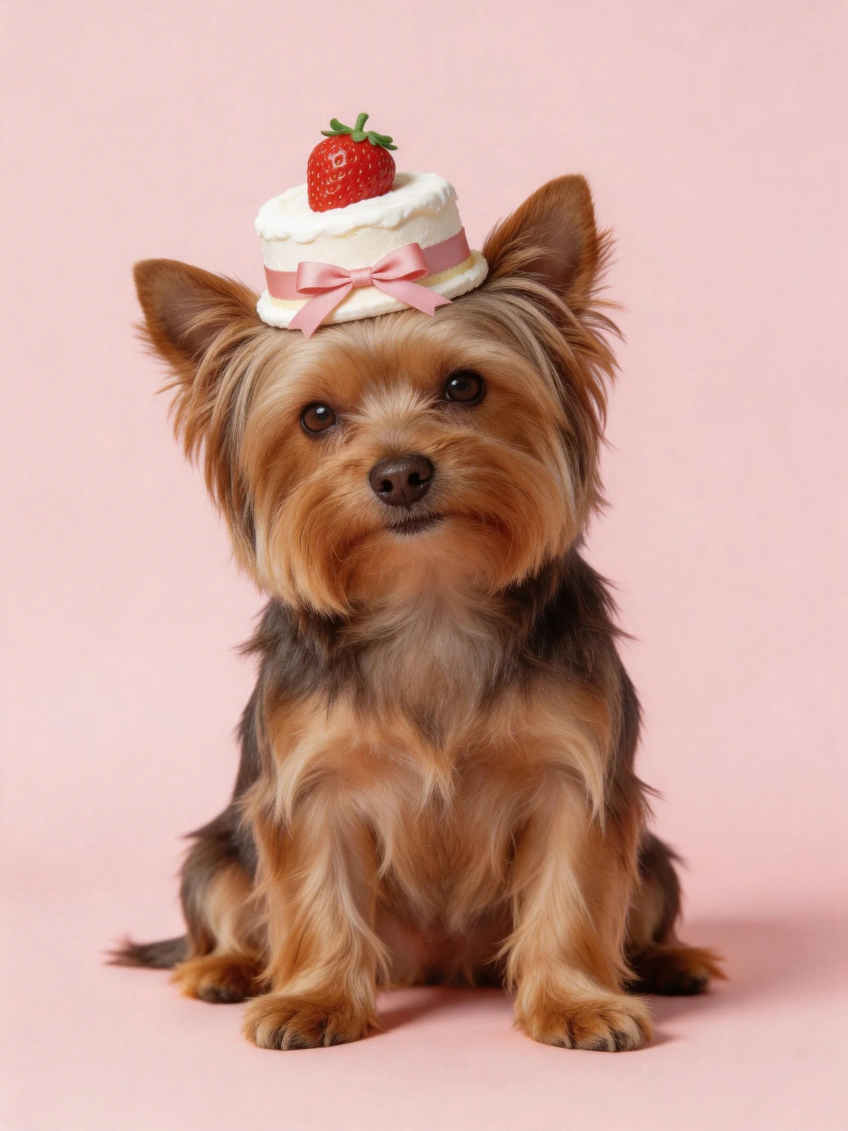 A small dog sits calmly with a strawberry-topped cake on its head.
