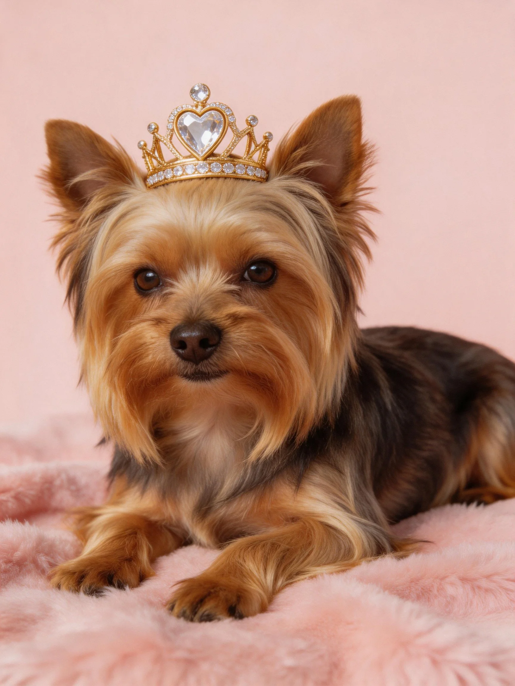 A small brown and tan dog wears a jeweled gold tiara on a pink blanket