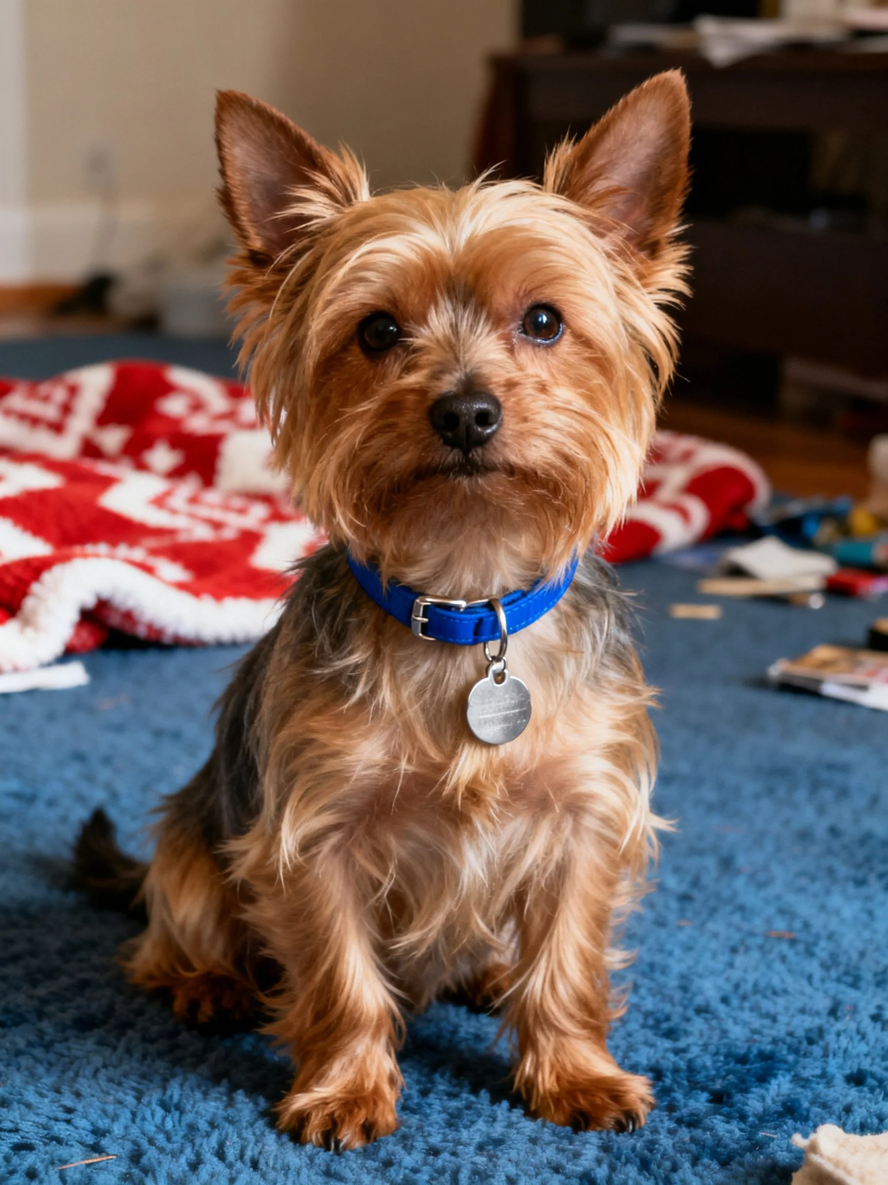 A small brown and tan dog wears a blue collar on a blue carpet.