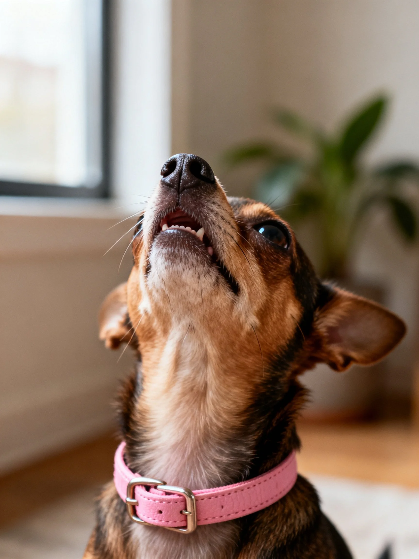 A small dog with a pink collar gazes upward, possibly anticipating interaction.