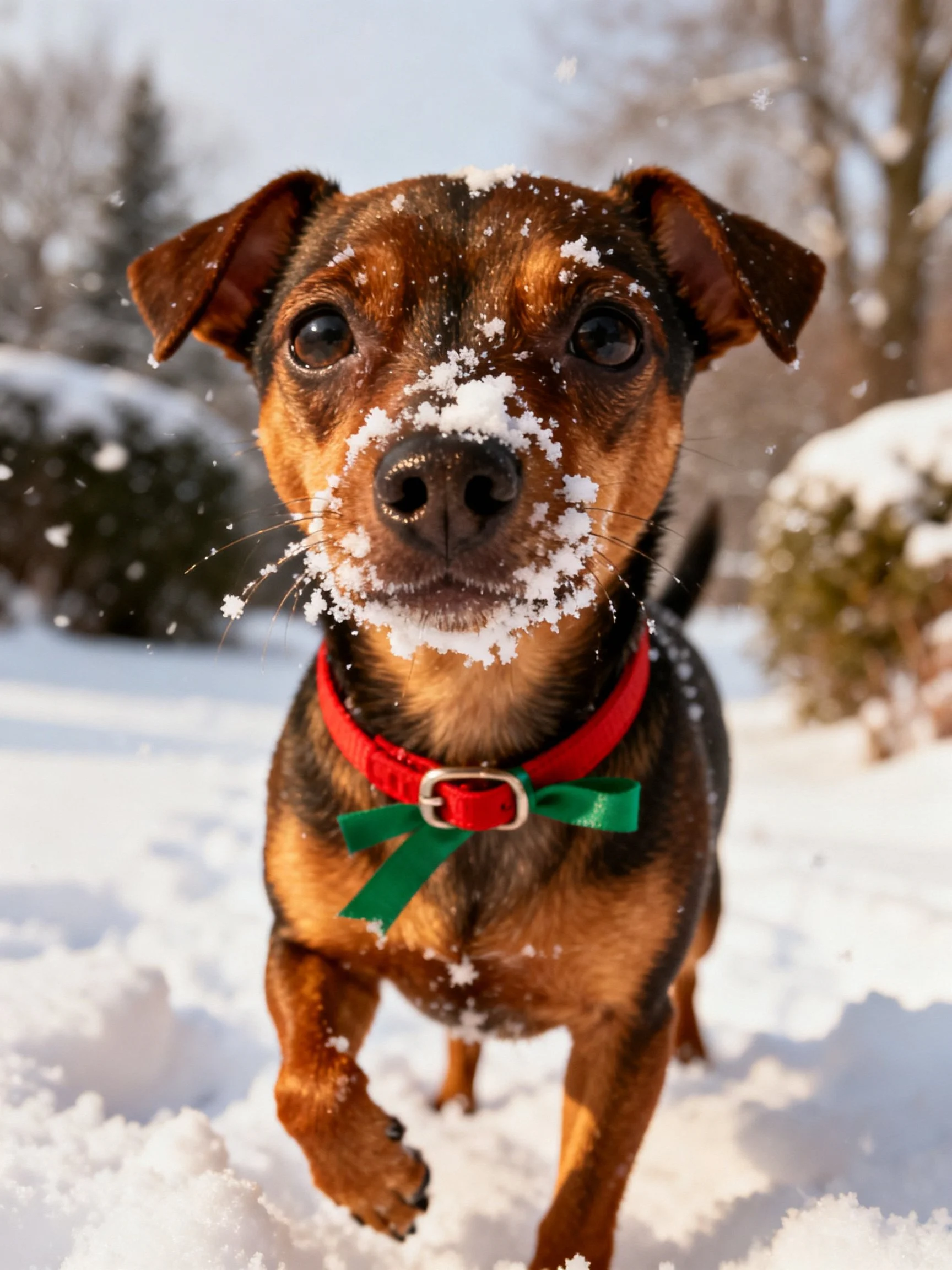 A small dog with a red collar and green bow plays in the snow