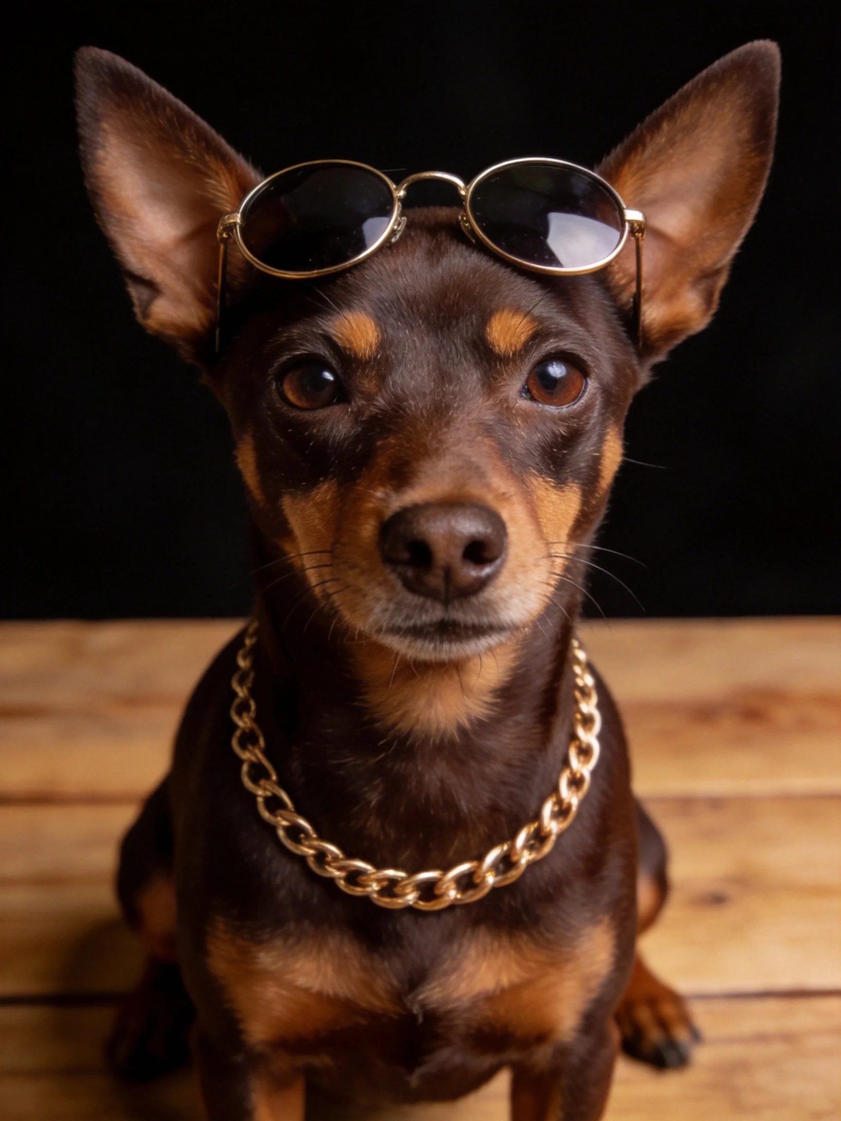 A small brown and tan dog sits on wood with sunglasses and a gold chain