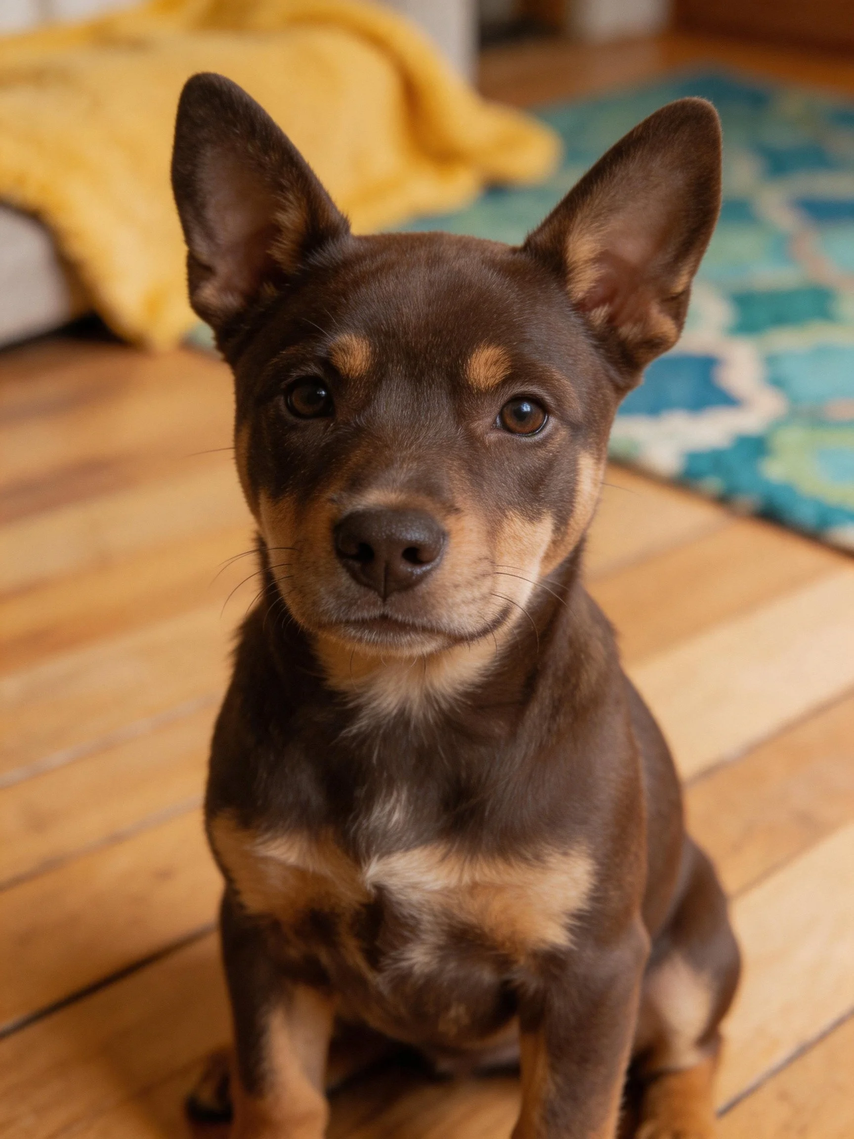 A small brown and tan puppy sits on a wooden floor with colorful textiles nearby