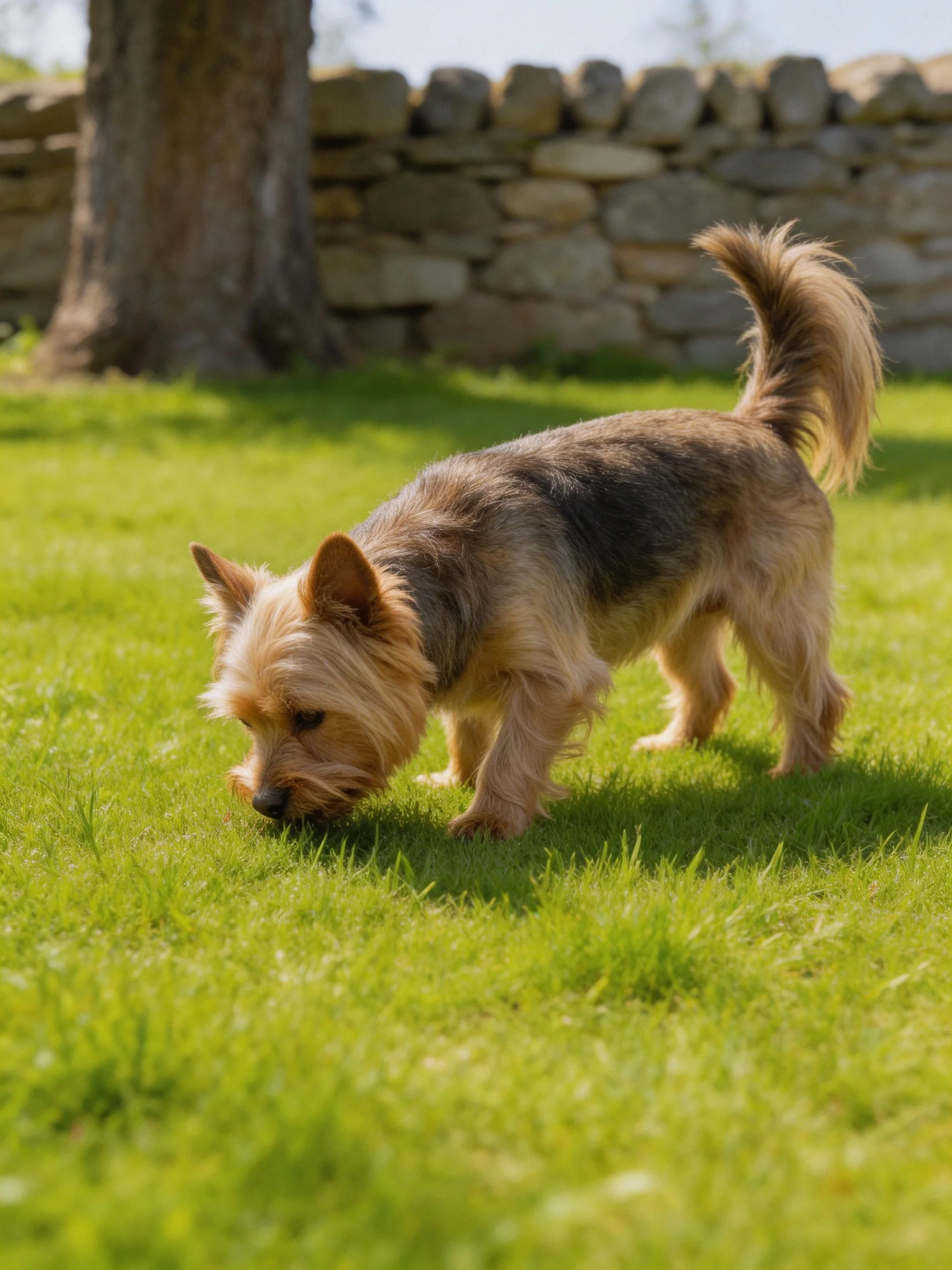 A small dog sniffs grass in a sunny yard with a stone wall
