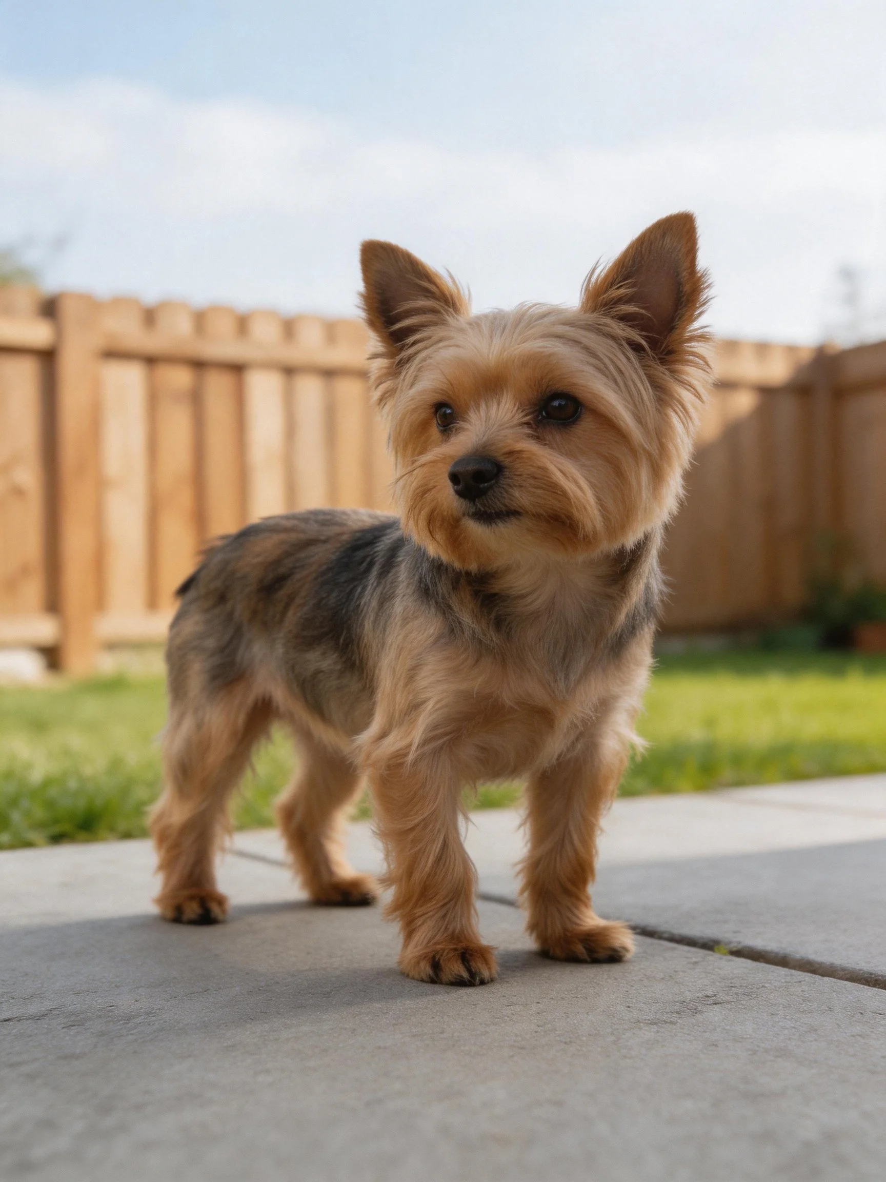 A small brown and tan terrier stands alertly on concrete near a wooden fence.