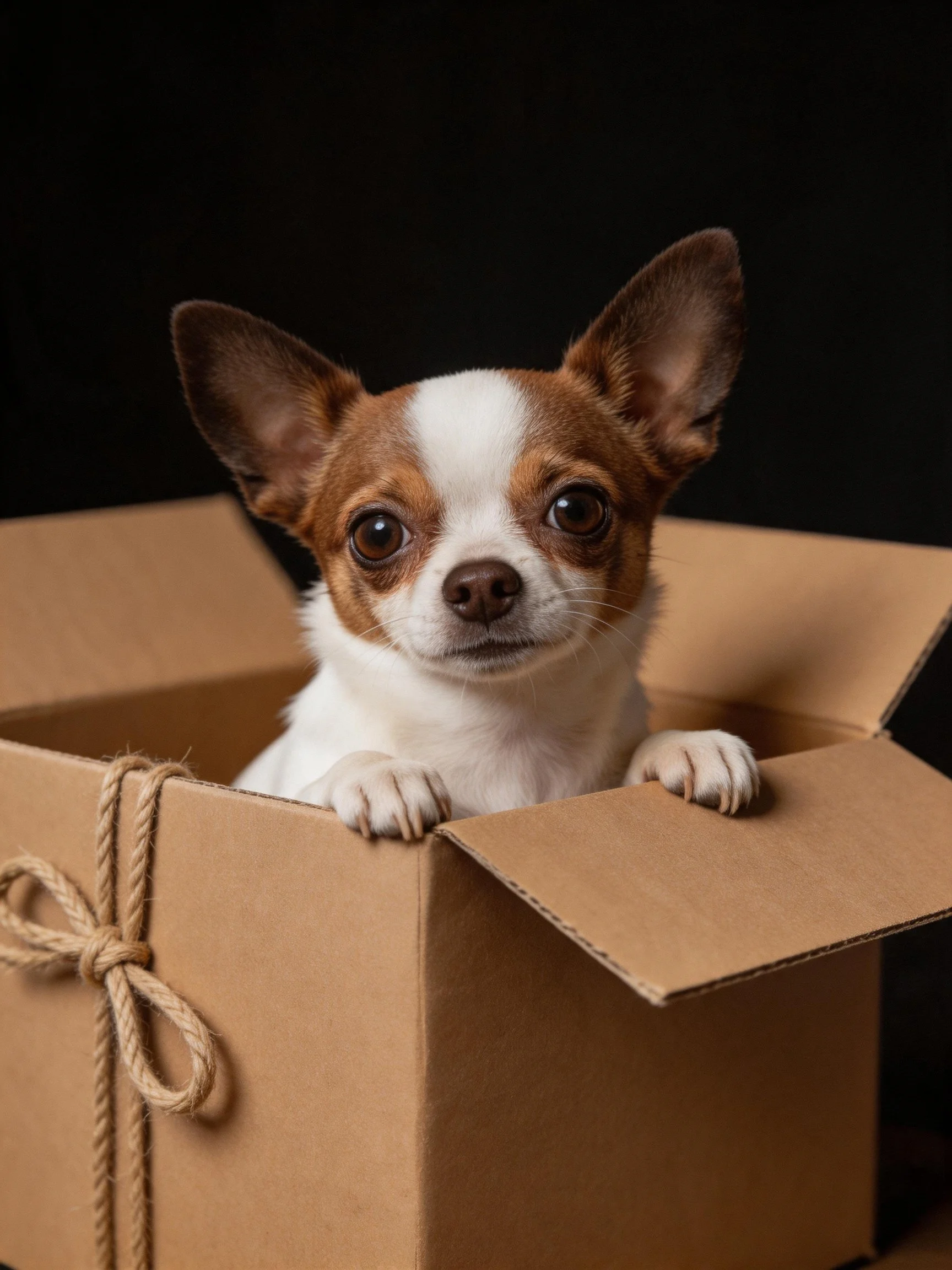 A small brown and white Chihuahua peeks from inside an open cardboard box.