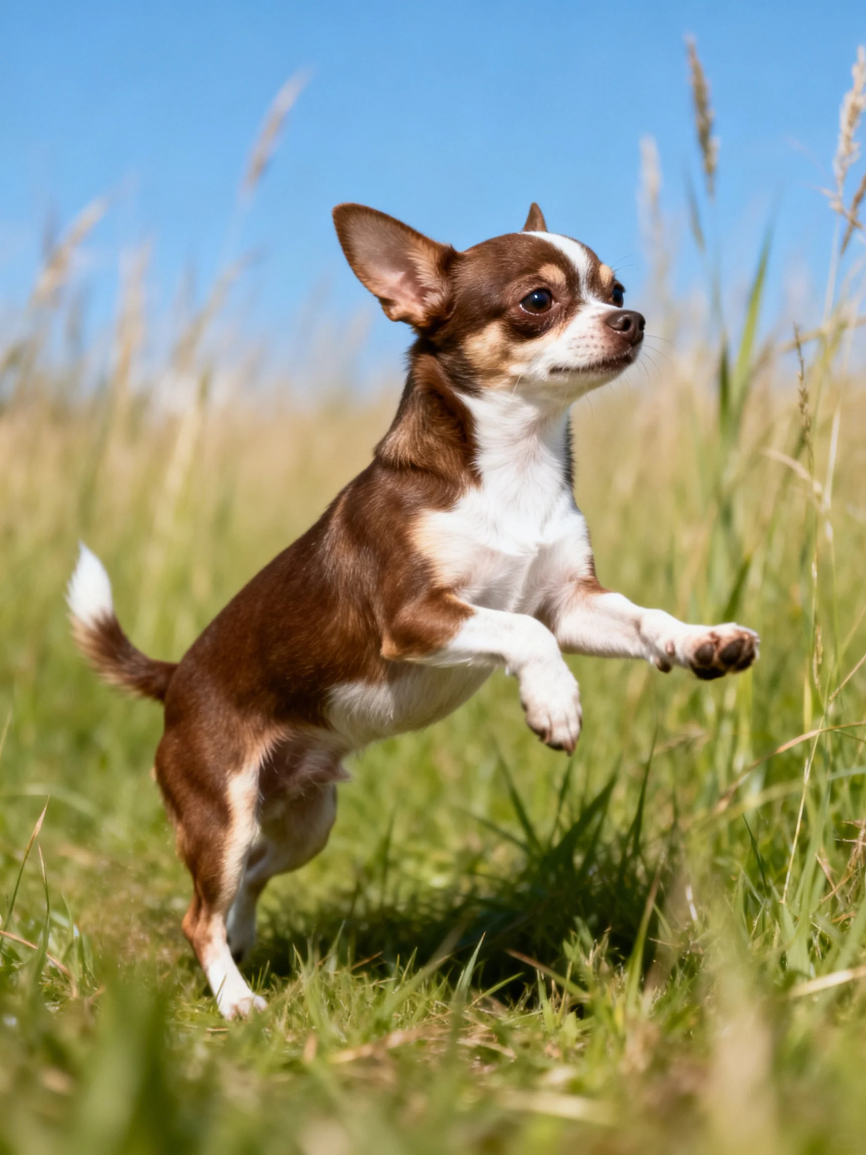 A small brown and white Chihuahua jumps in a sunlit grassy field.
