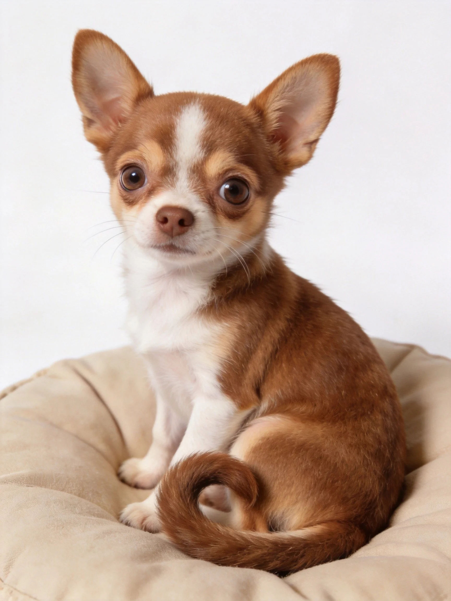 A small brown and white Chihuahua puppy sits calmly on a beige cushion against a plain white backdrop.