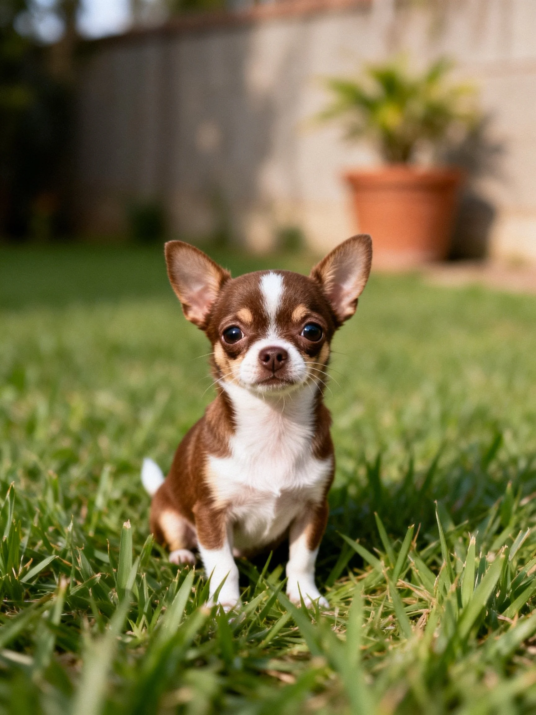 A small brown and white Chihuahua puppy sits on green grass