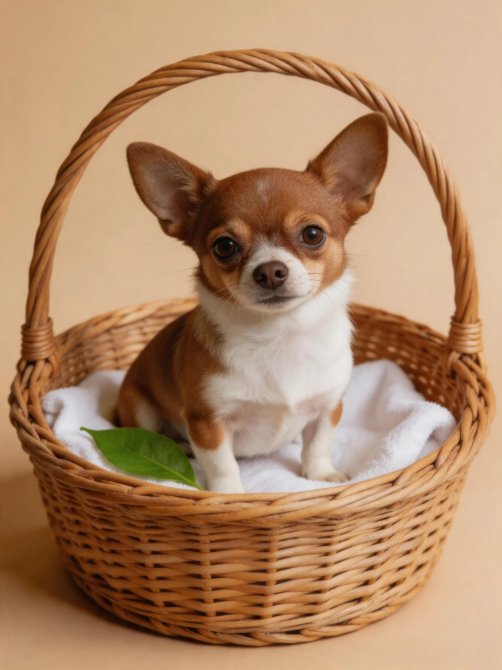 A small brown and white Chihuahua sits in a wicker basket with a green leaf