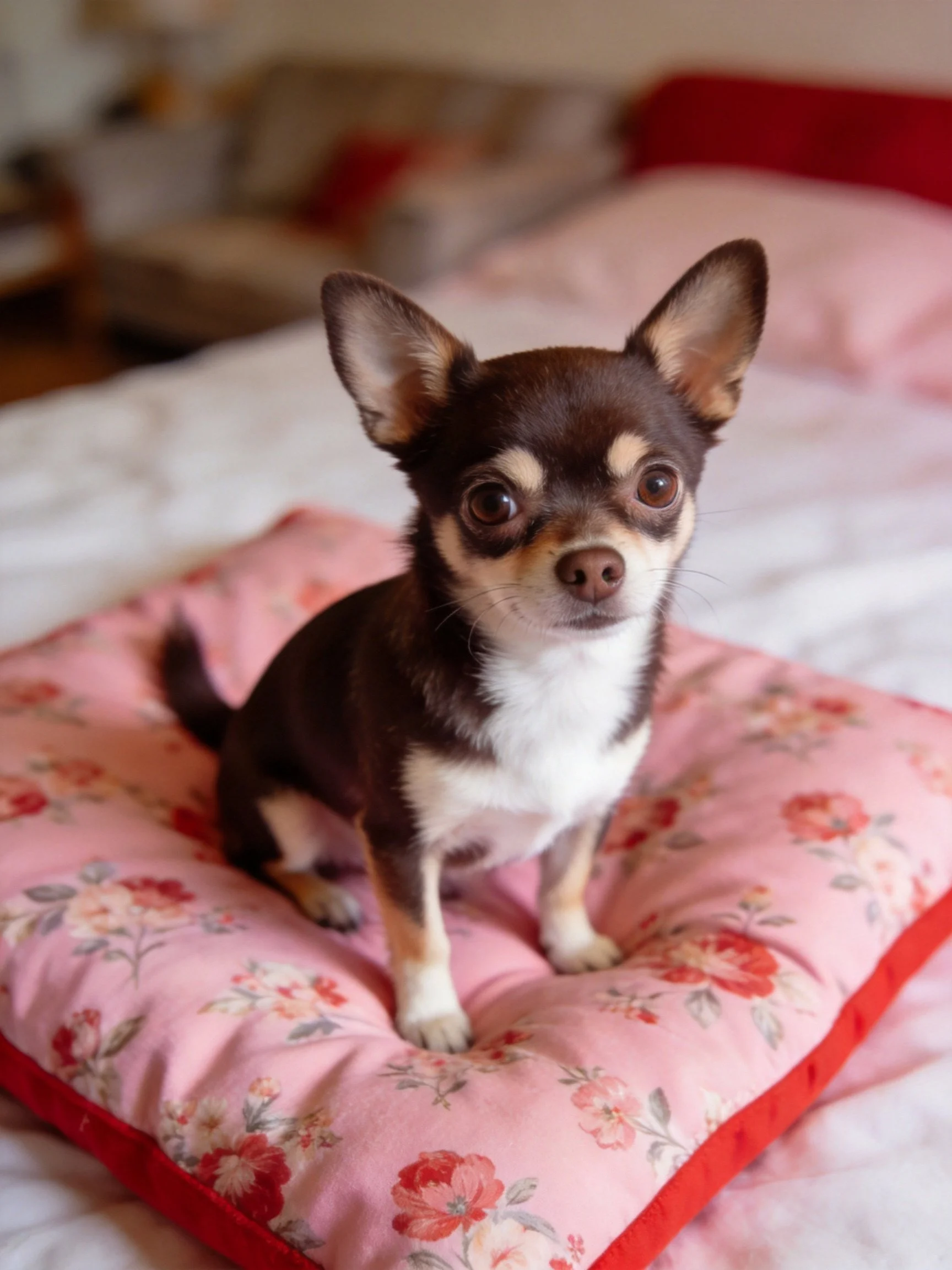 A small brown and white Chihuahua sits on a pink floral cushion