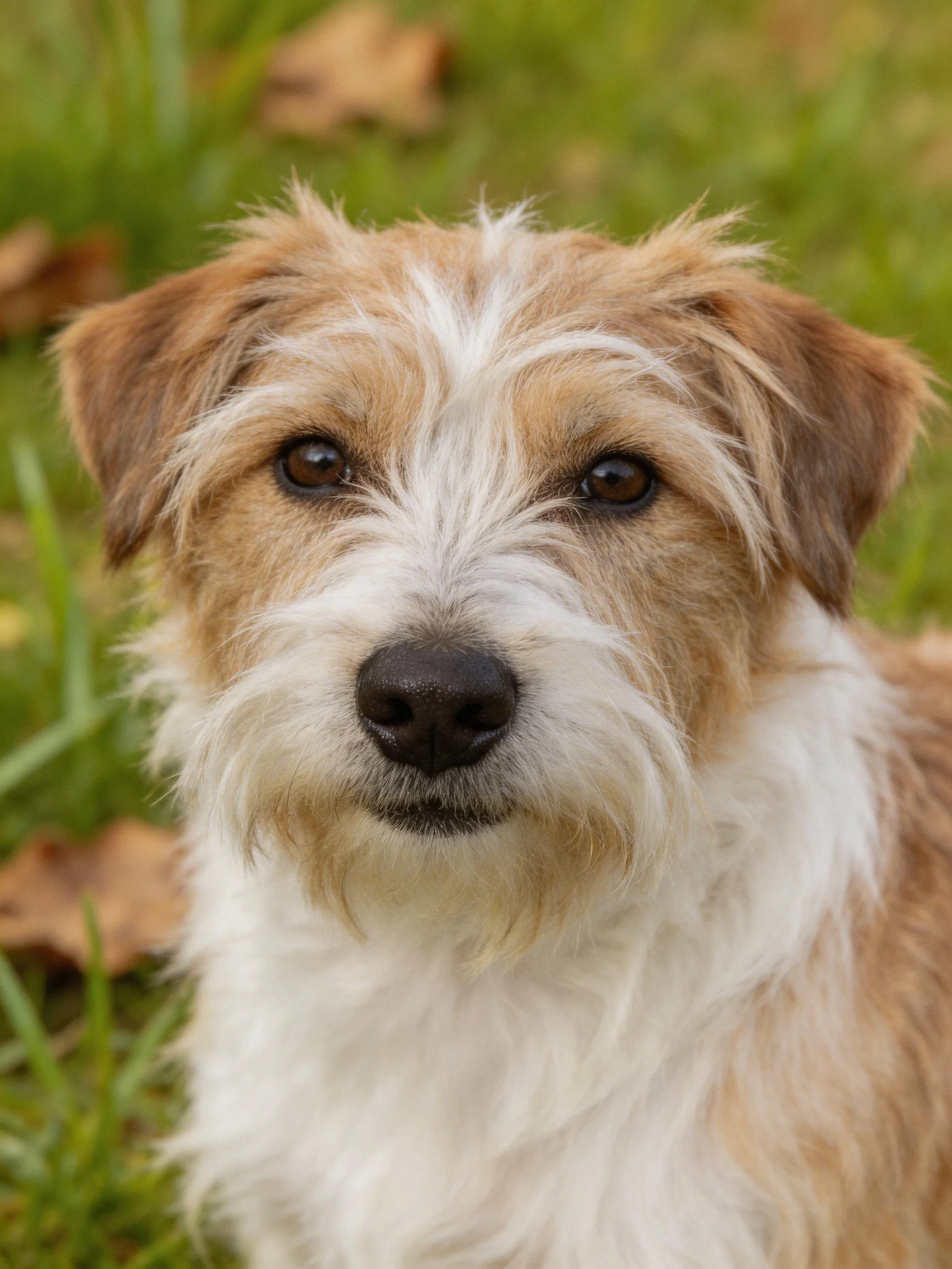 A small brown and white dog sits calmly amid green grass and fallen leaves.
