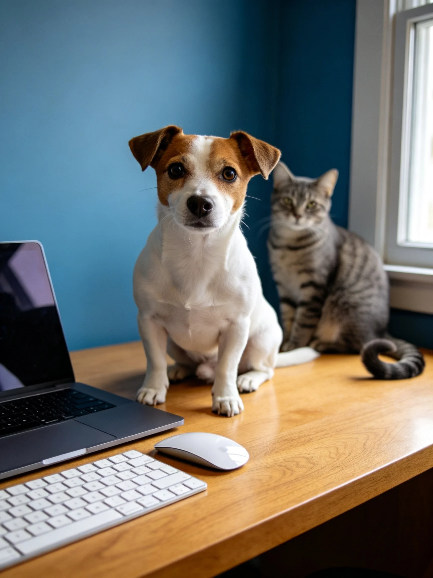 A dog and cat sit together on a wooden desk with a laptop