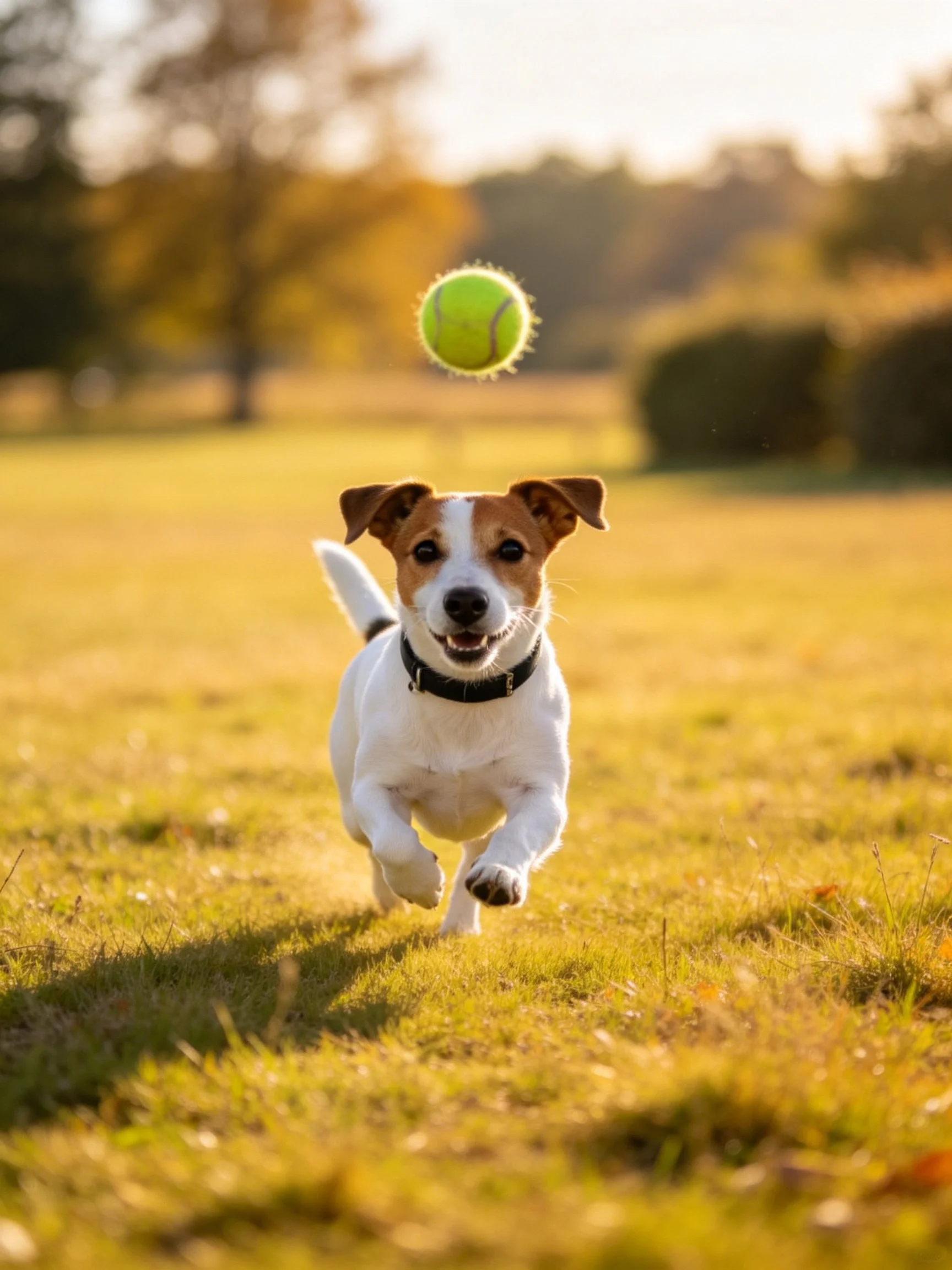 A small dog runs toward a bright green tennis ball mid-air in an outdoor grassy area.