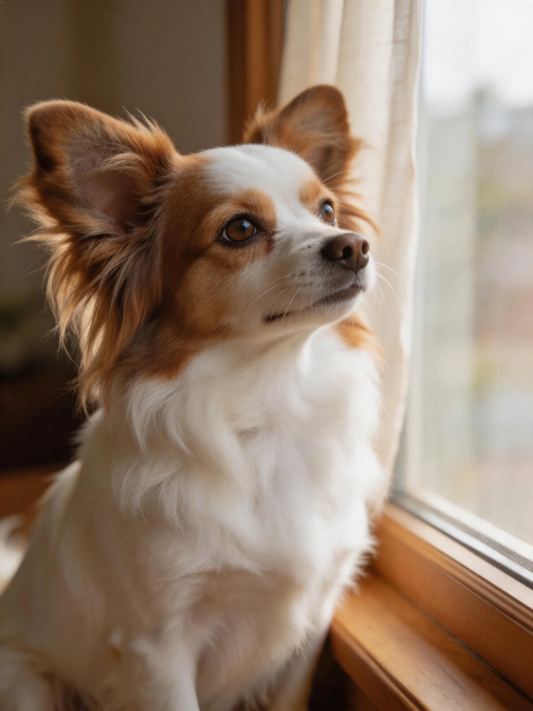 A small brown and white dog looks out from a wooden window.
