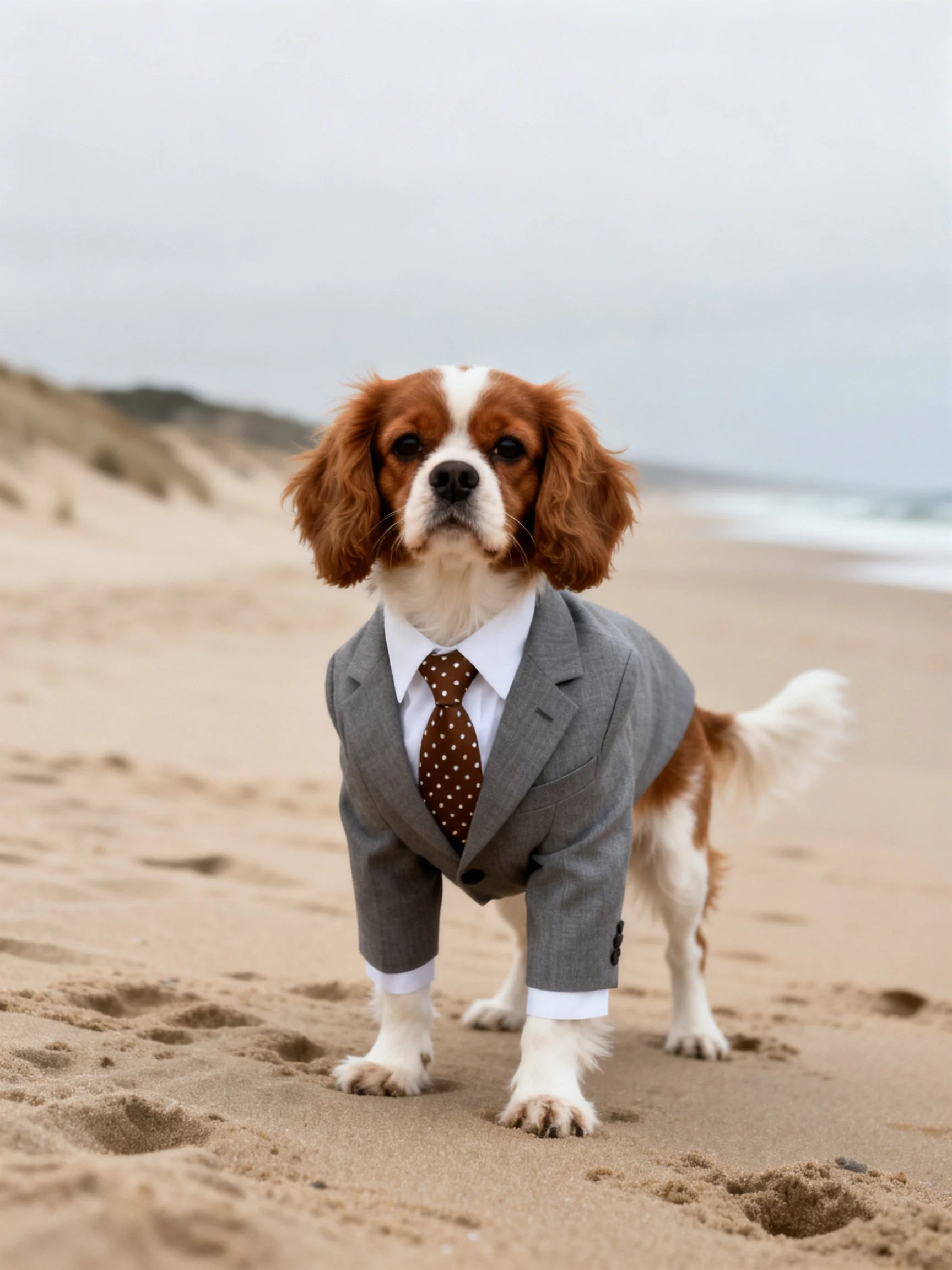A small brown-and-white dog wears formal clothing while standing on a sandy beach.