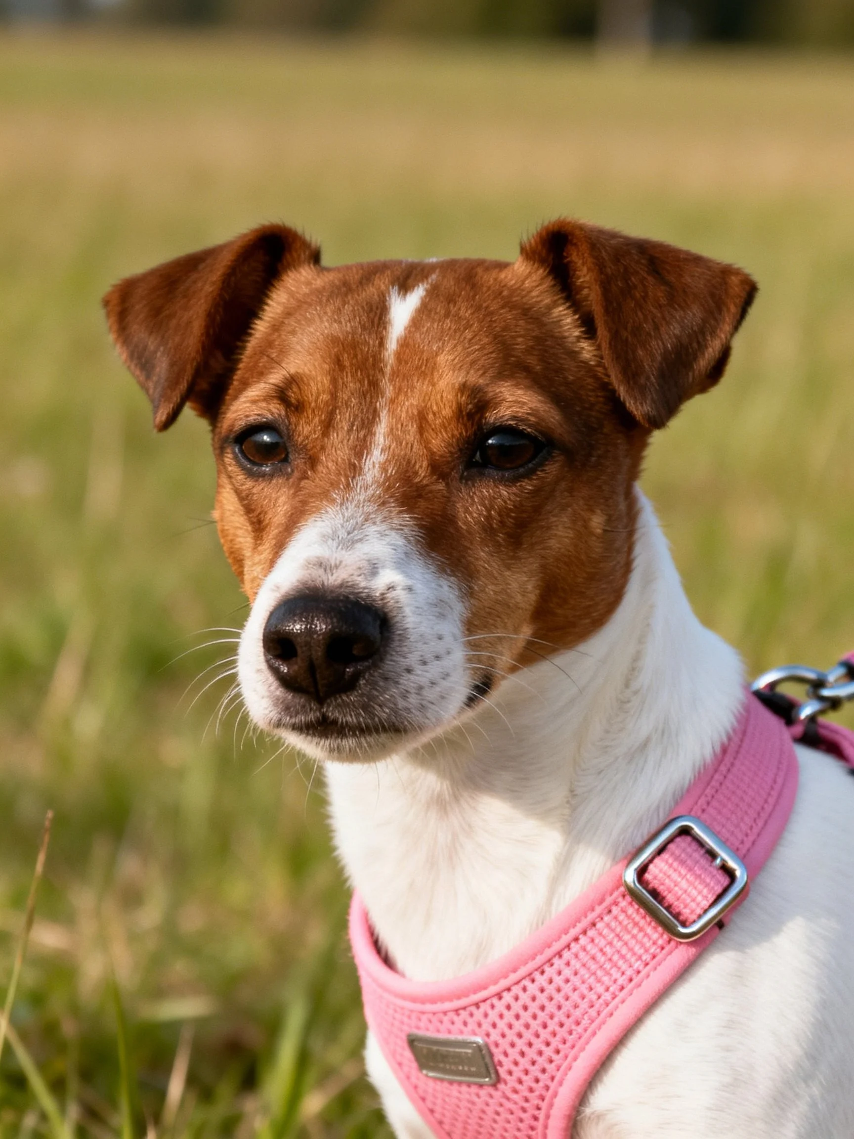 A small brown and white dog stands on green grass wearing a pink harness.