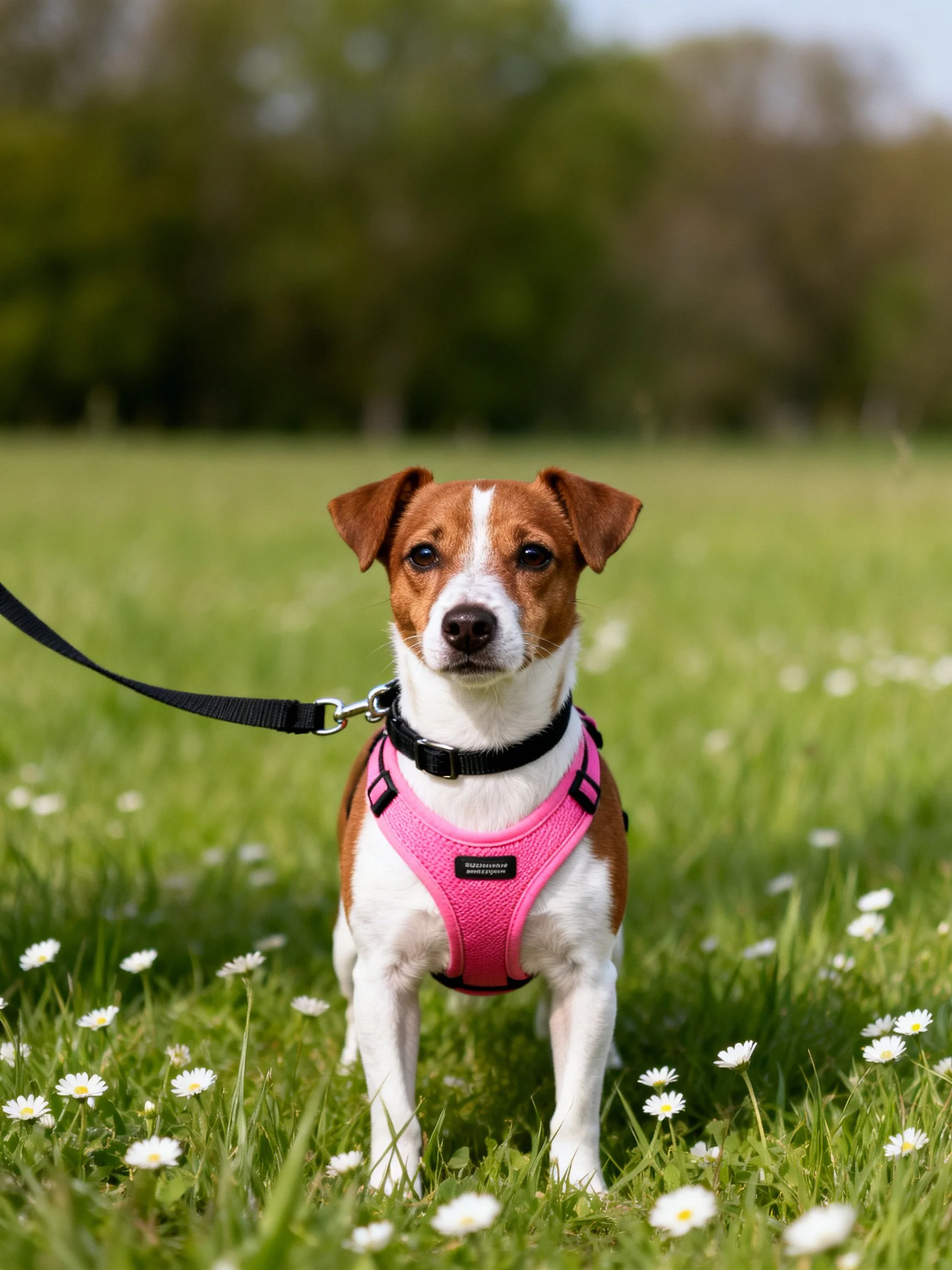 A small dog in a pink harness stands in a grassy field dotted with white flowers.
