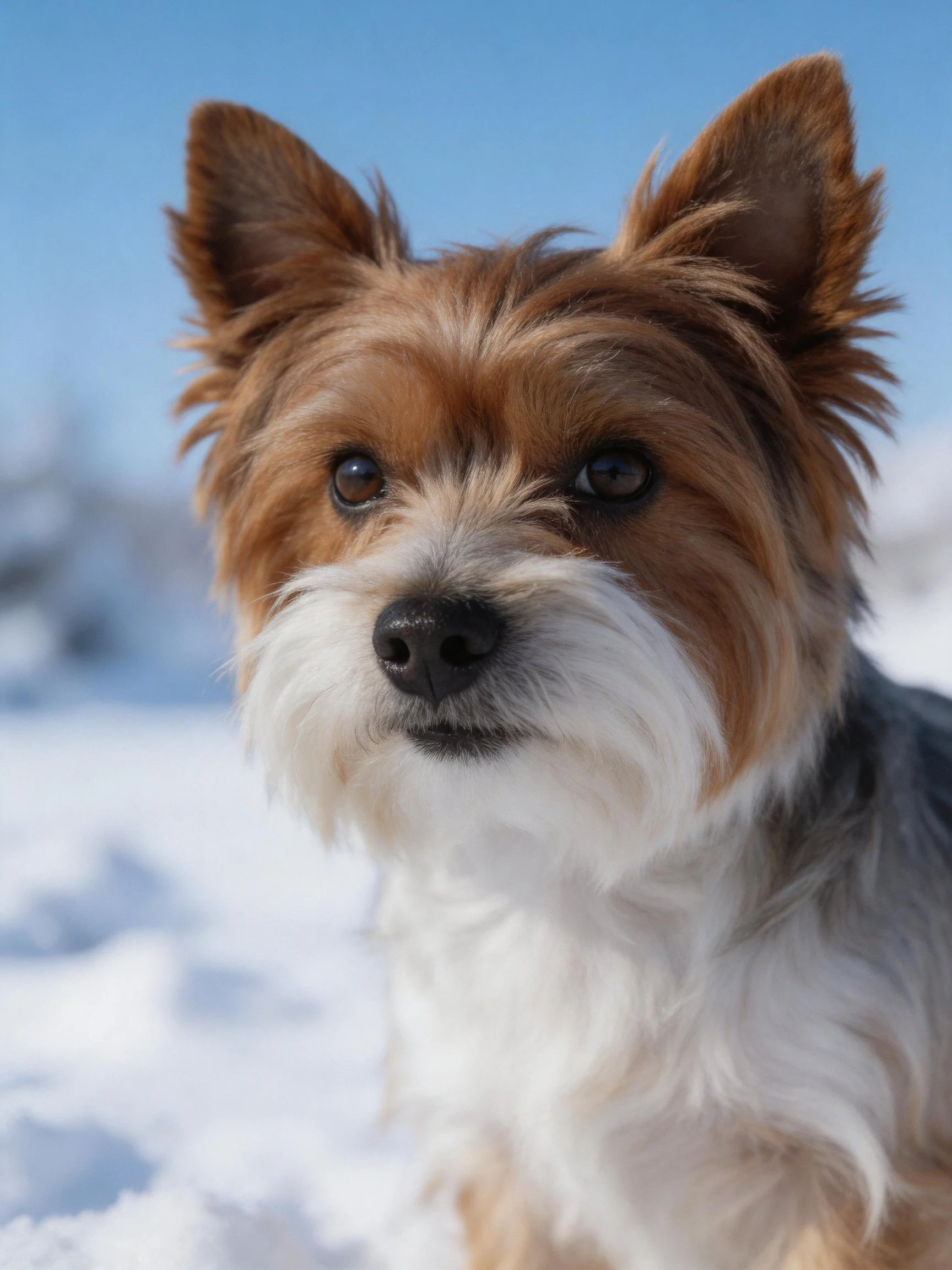 A small brown and white dog is shown outdoors in a snowy environment.