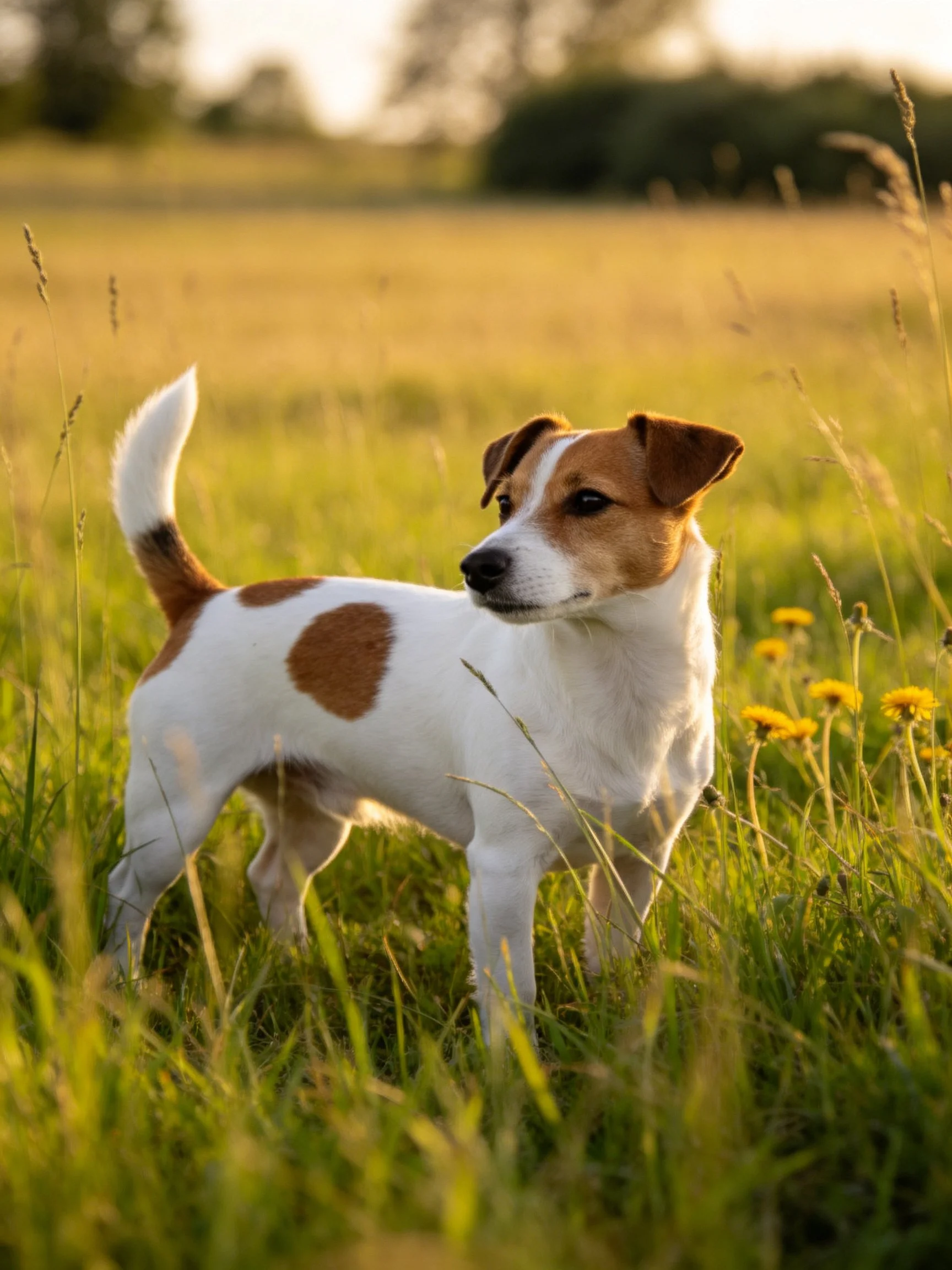 A small brown-and-white dog stands alert in a sunlit grassy field.