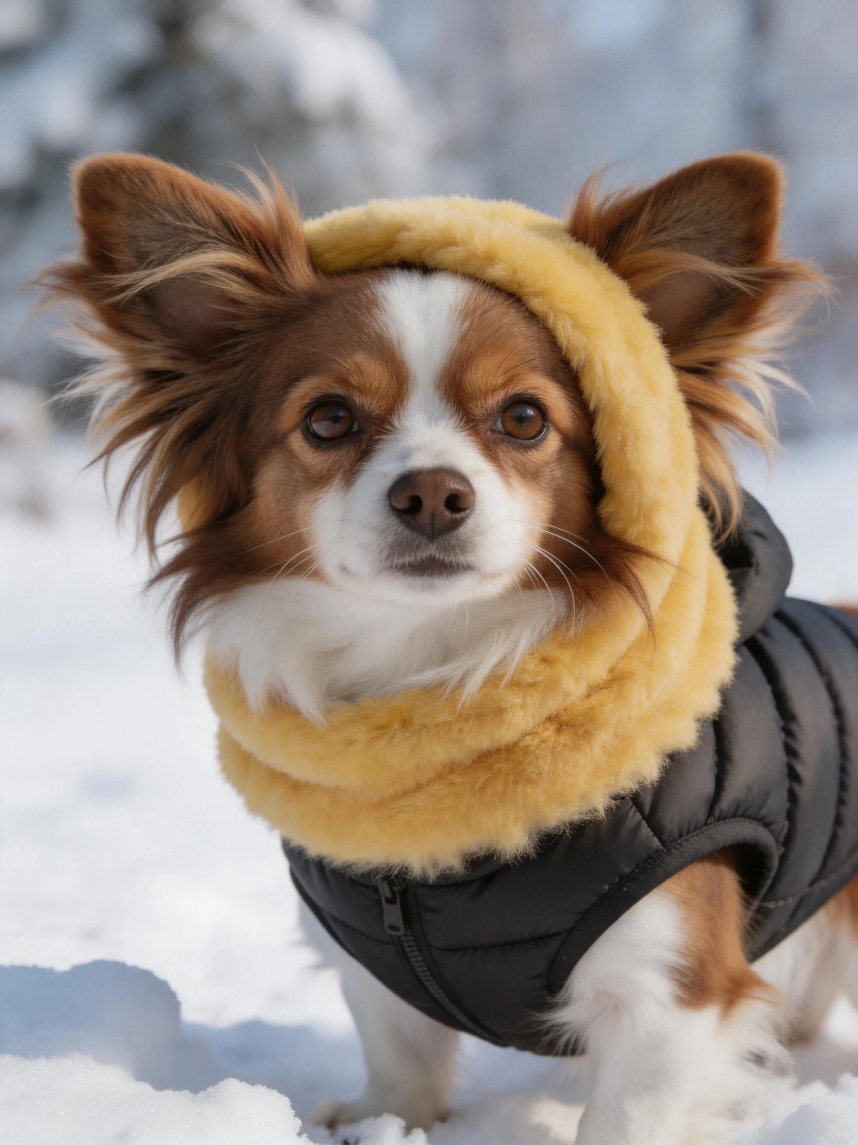 A small brown and white dog wears winter gear in a snowy setting.