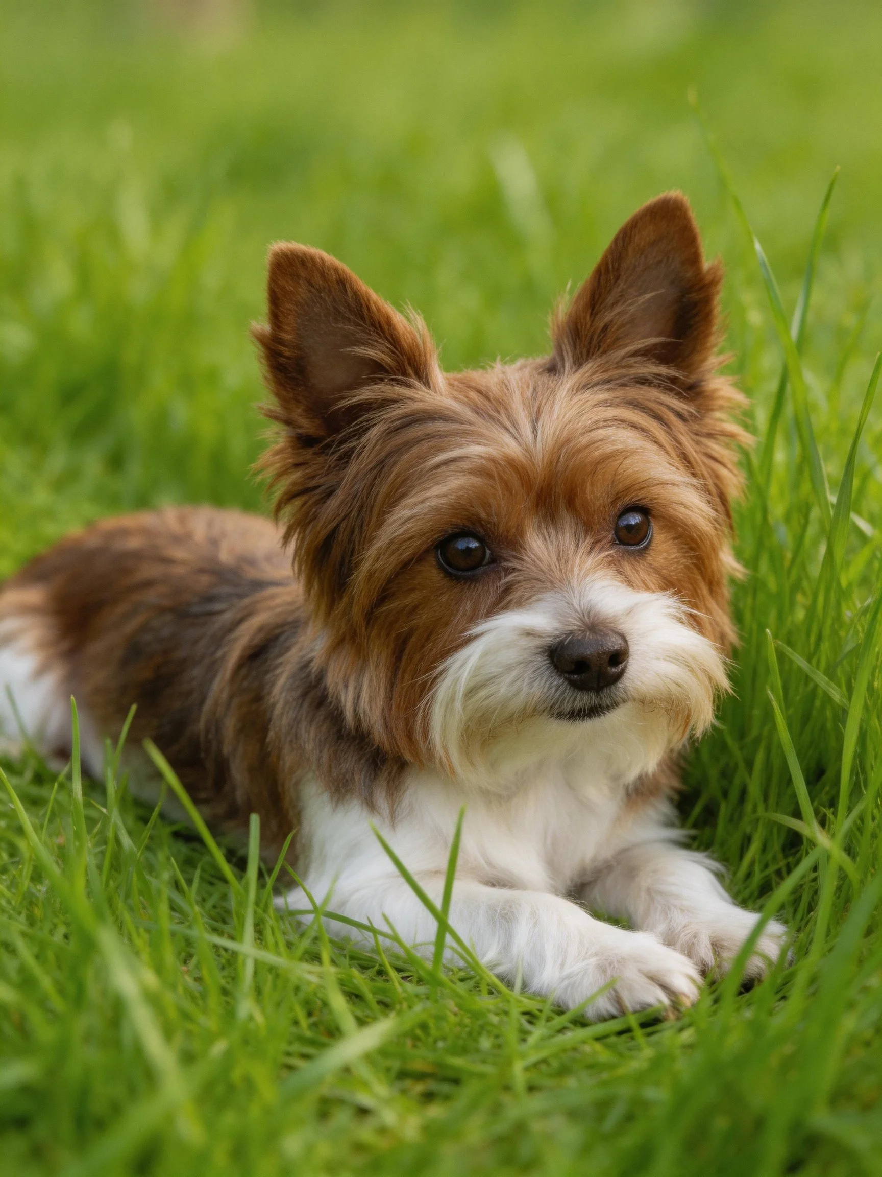 A small brown and white dog relaxes on green grass.