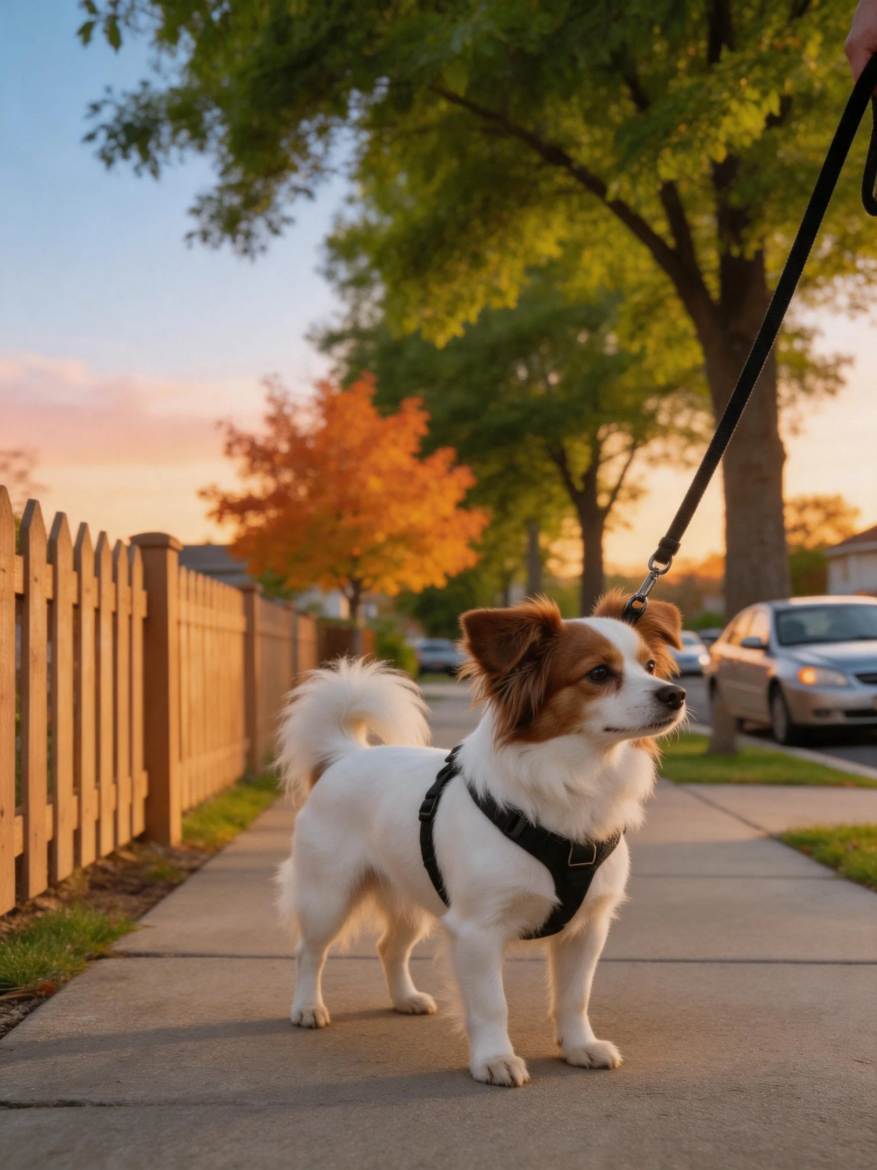 A small brown-and-white dog stands on a sidewalk near autumn trees