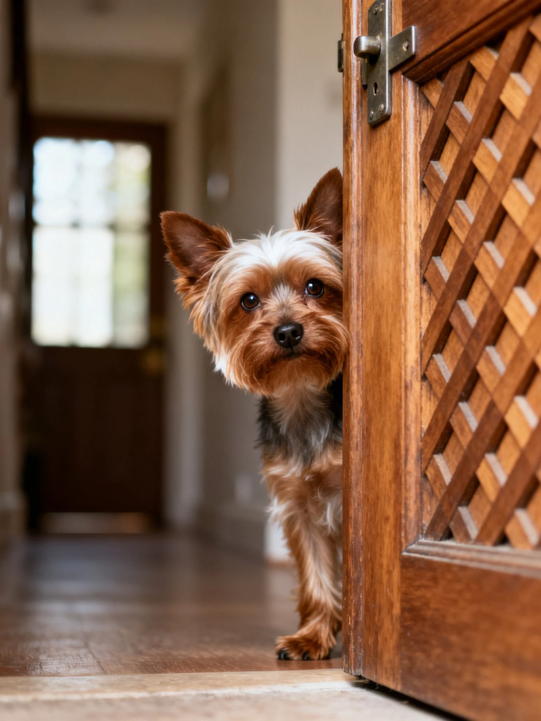 A small brown and white dog peeks from behind a wooden lattice door in a home hallway.