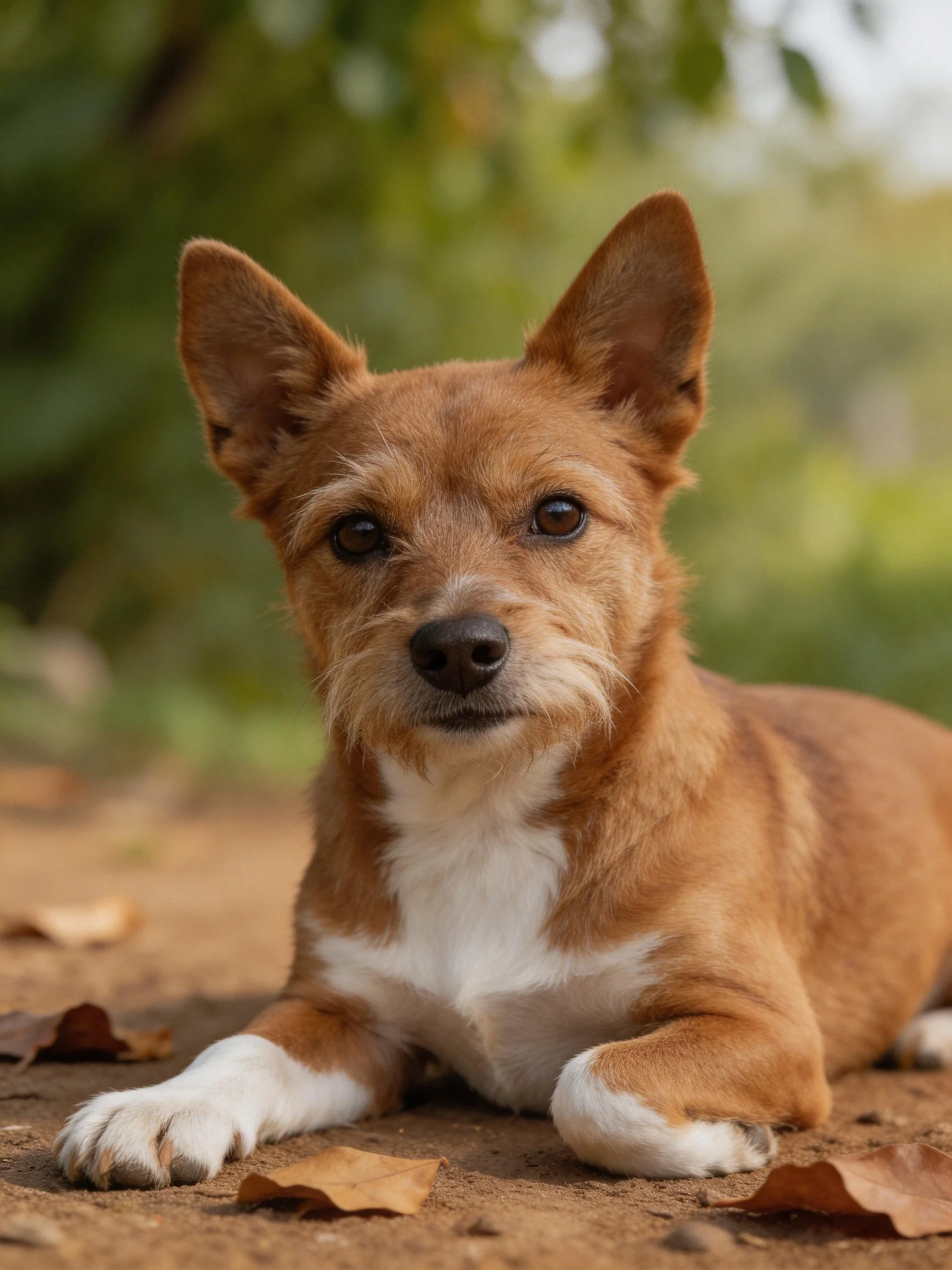 A small brown and white dog rests calmly amid fallen leaves and dirt.