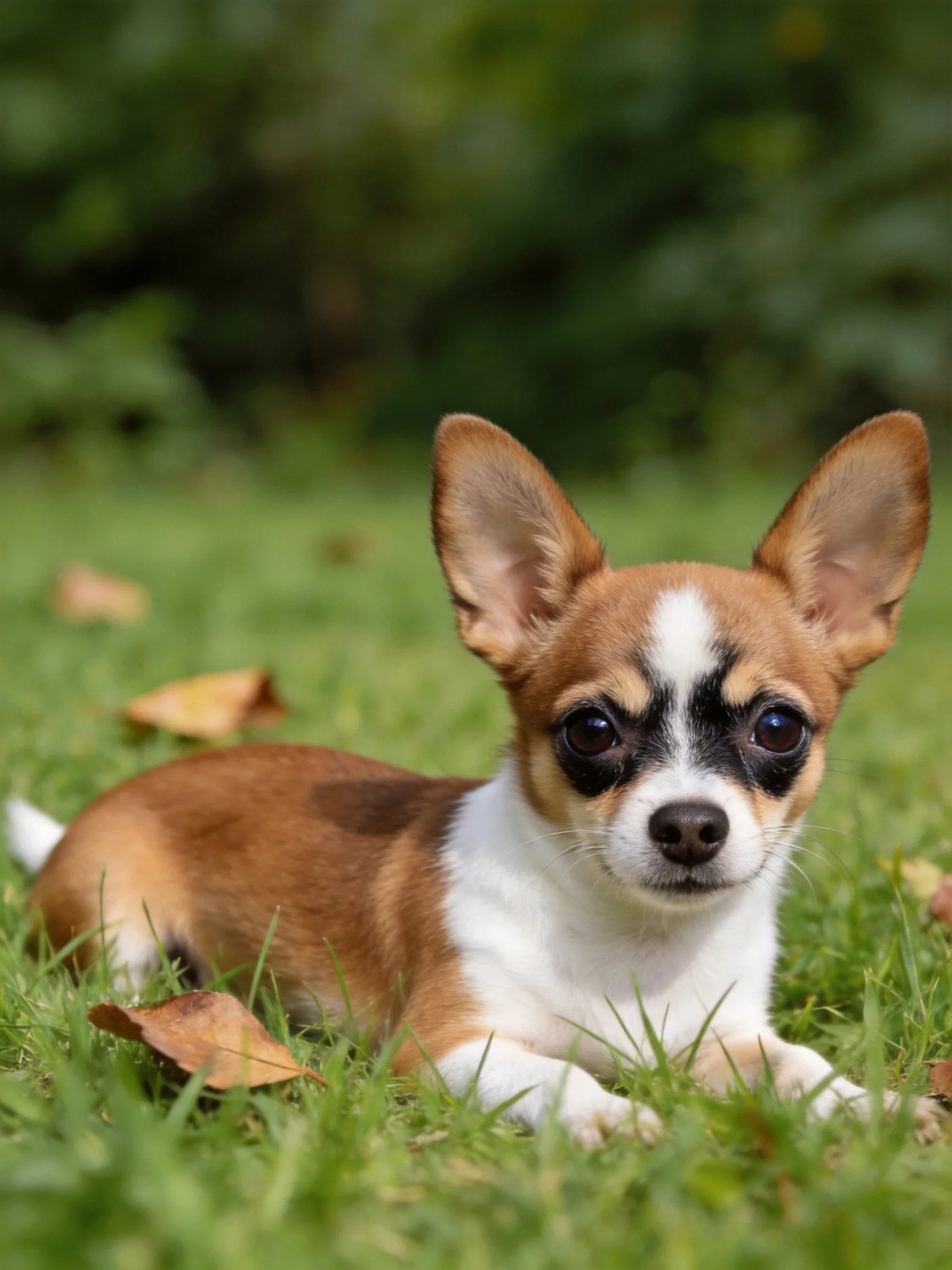 A small brown and white dog relaxes amid green grass and scattered leaves.