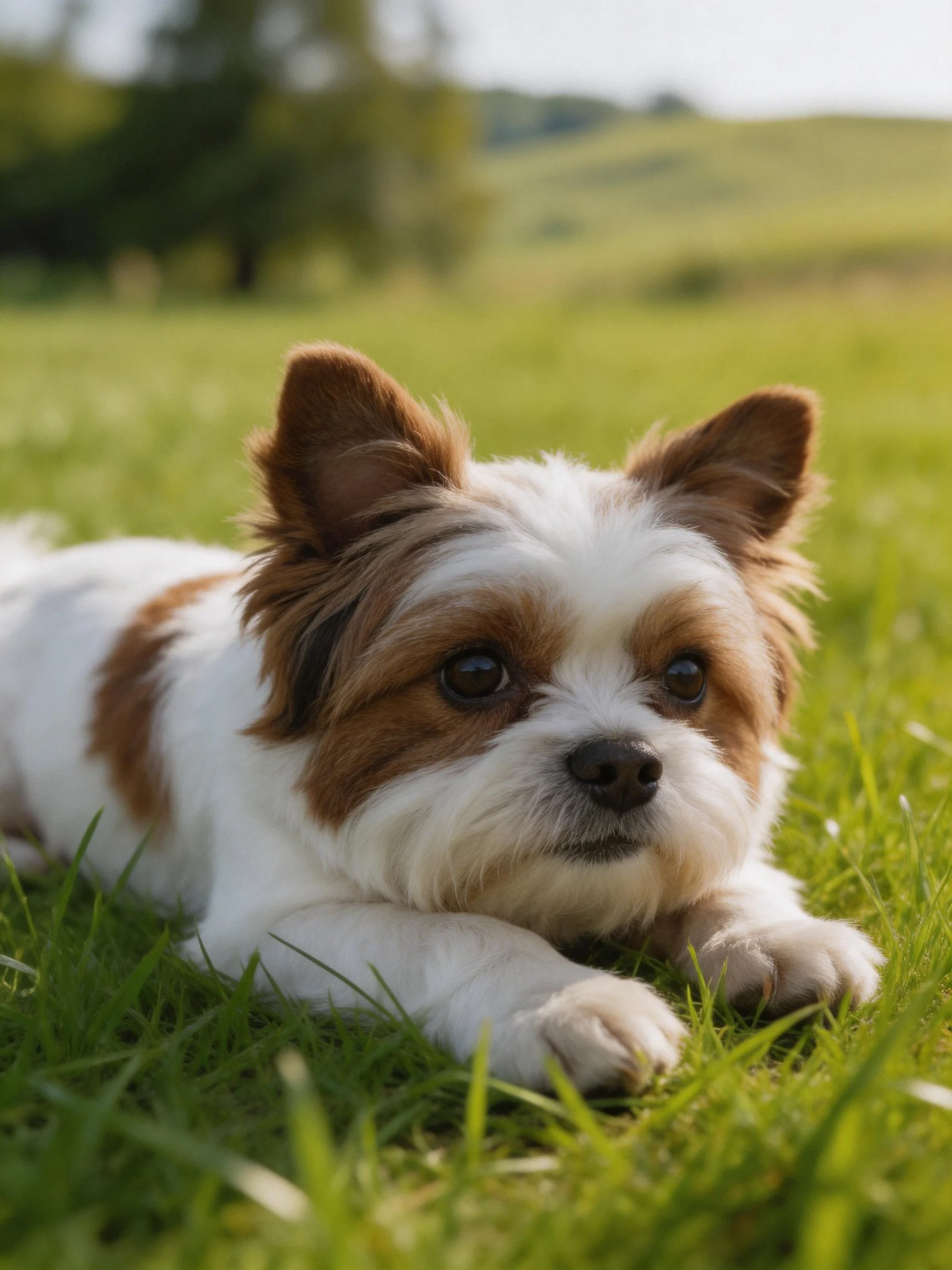 A small brown-and-white dog lies calmly on green grass in an outdoor setting.