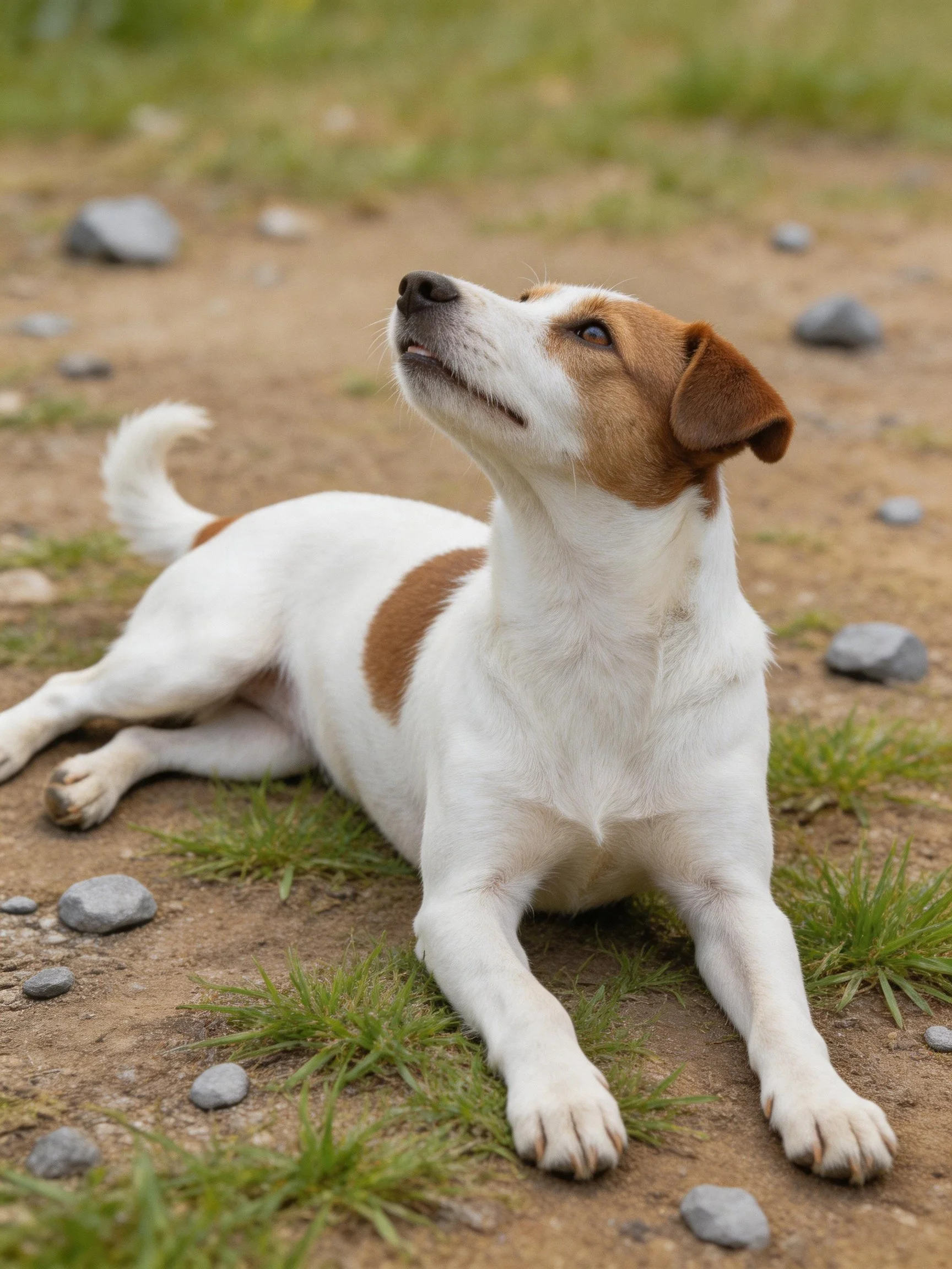 A small brown-and-white dog relaxes on rocky dirt ground with scattered stones.