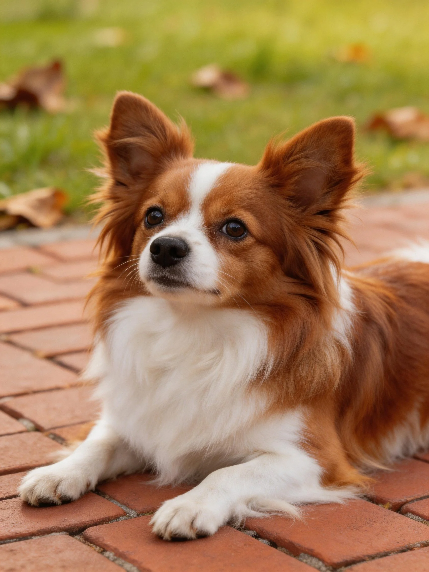 A small brown and white dog rests on a brick path near green grass