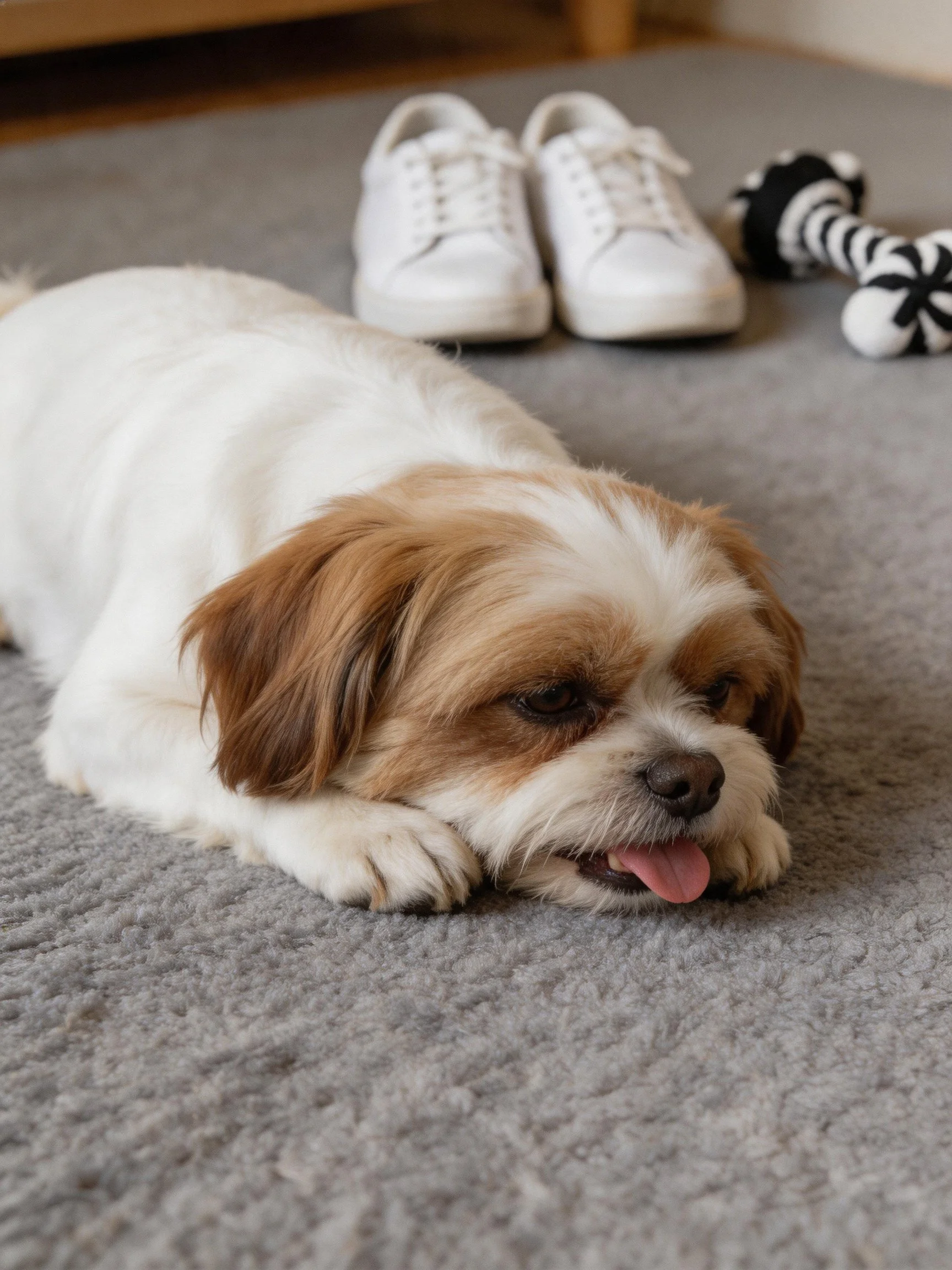 A small dog relaxes on a gray carpet with shoes and a toy nearby