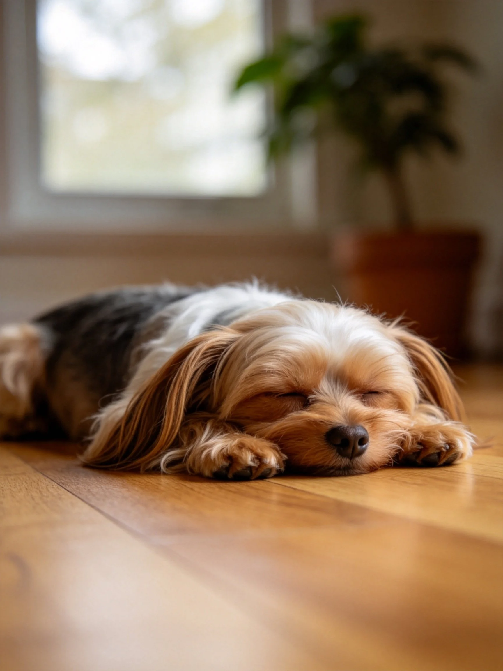 A small dog with brown and white fur sleeps on a wooden floor near a potted plant.