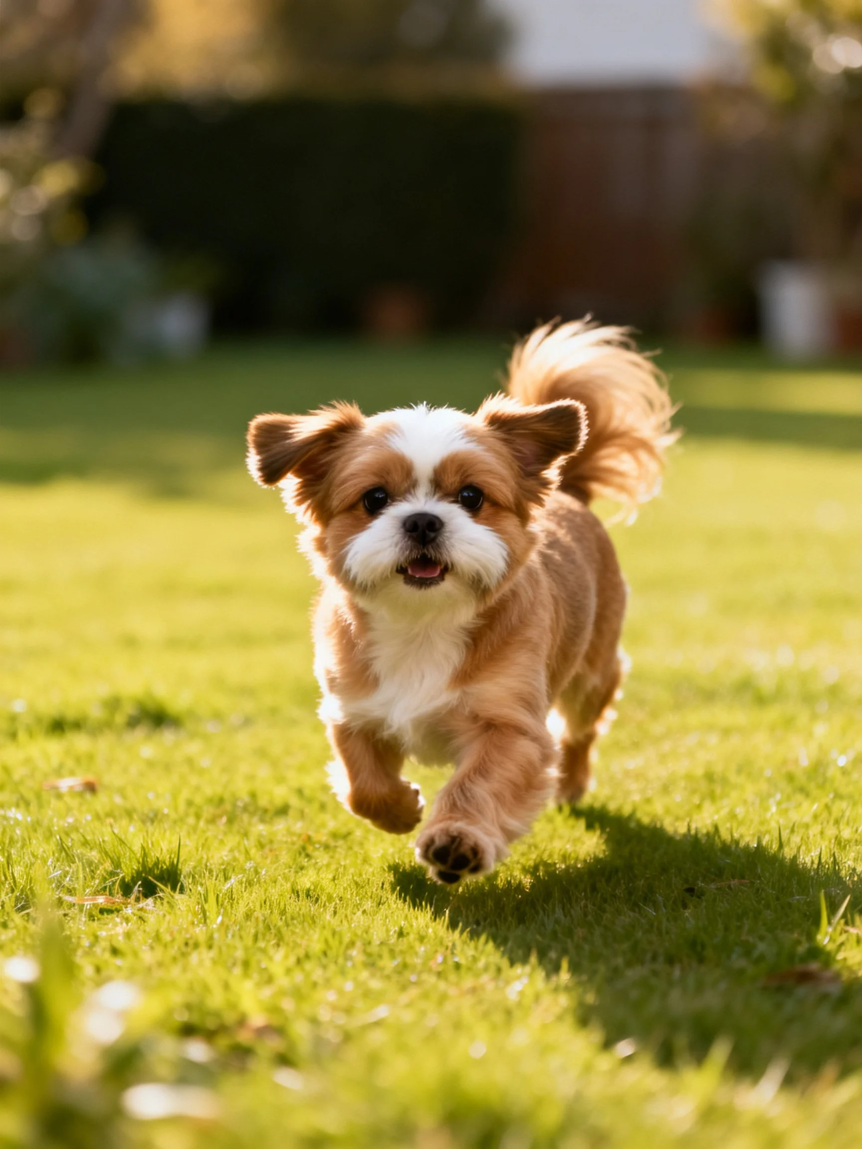 A small brown and white dog running on lush green grass