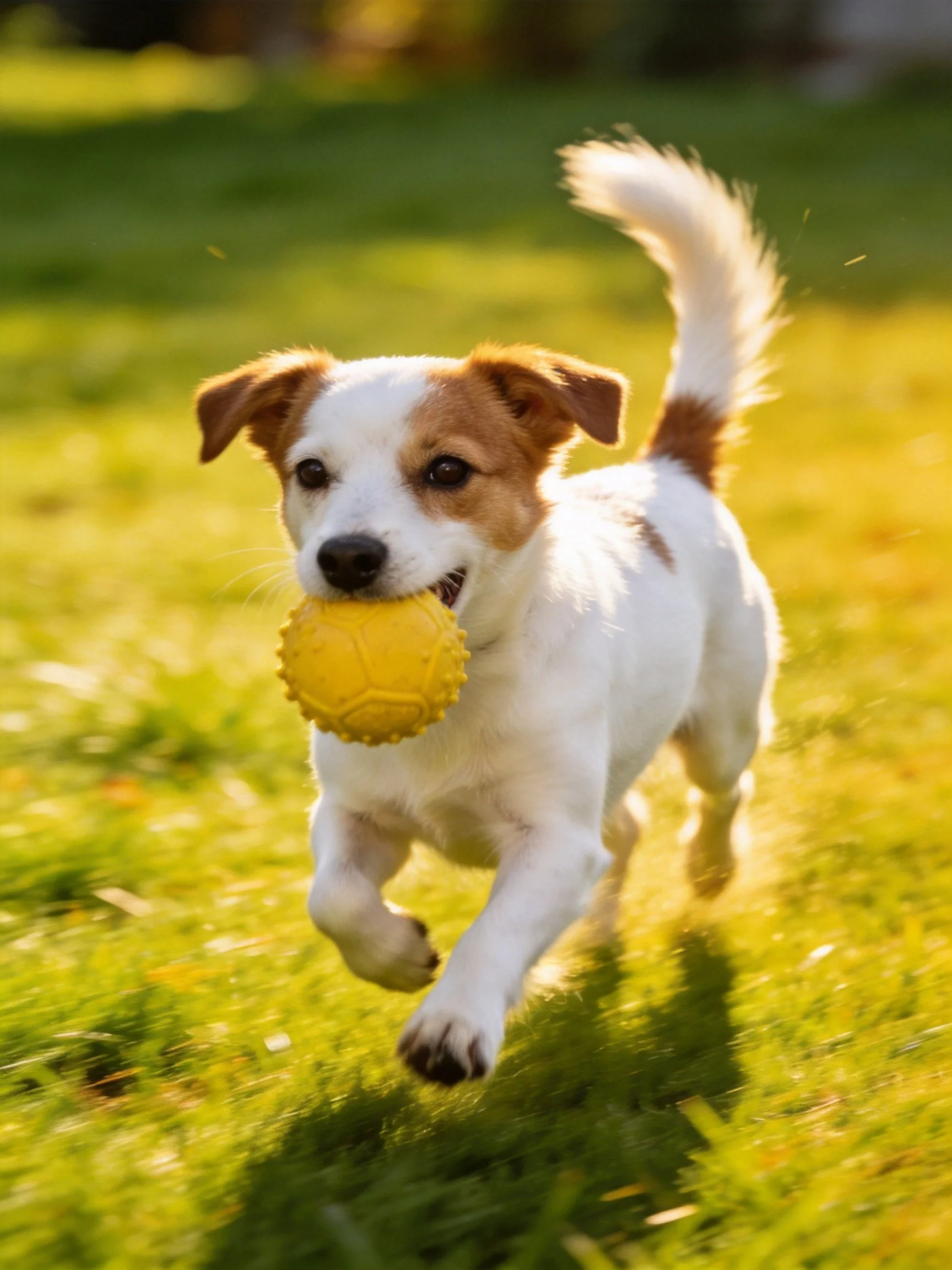 A small brown-and-white dog running with a bright yellow ball on lush green grass