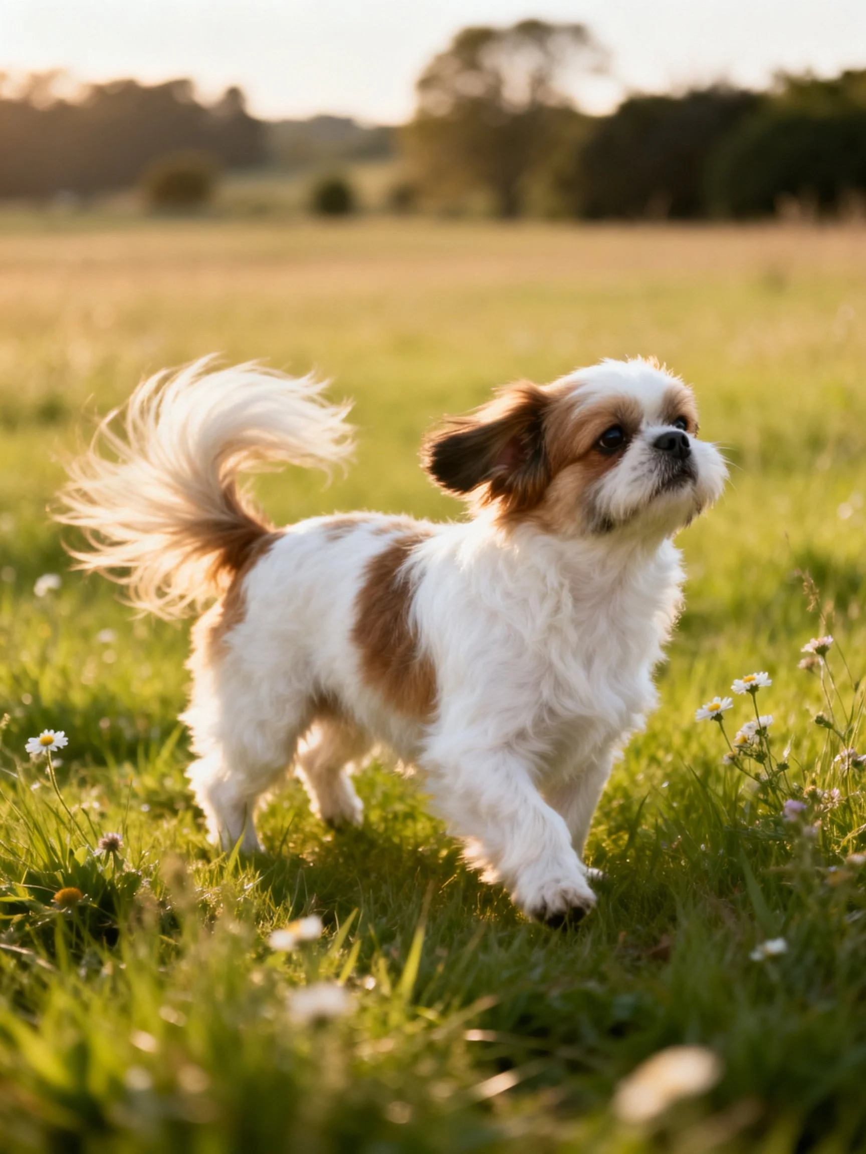A small brown and white dog runs happily in a sunlit grassy field.