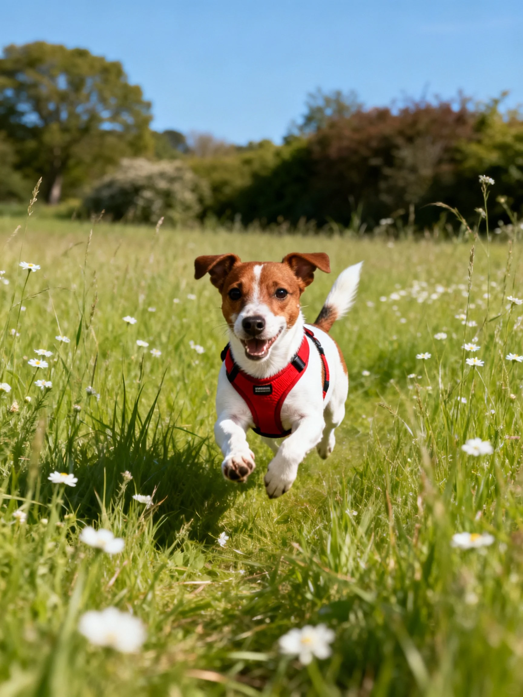A small brown and white dog joyfully runs through a flowered meadow