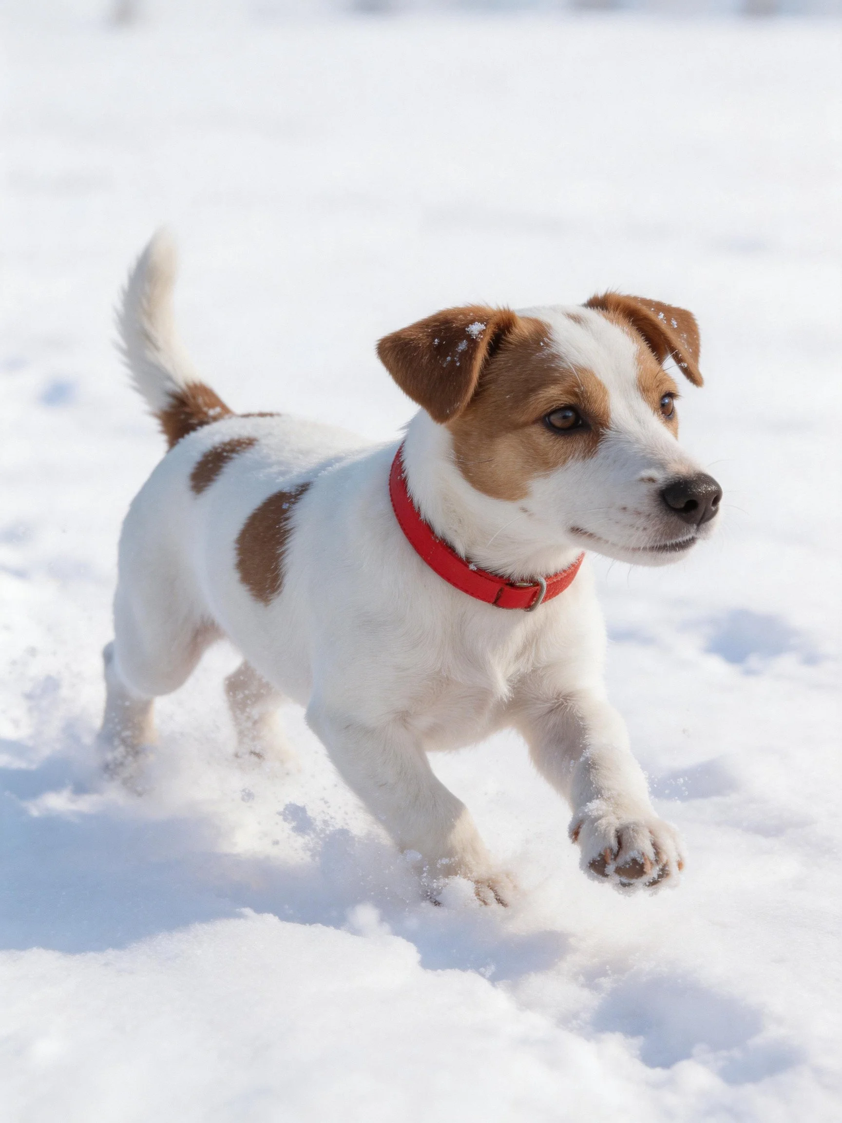 A small brown-and-white dog plays energetically in fresh snow.