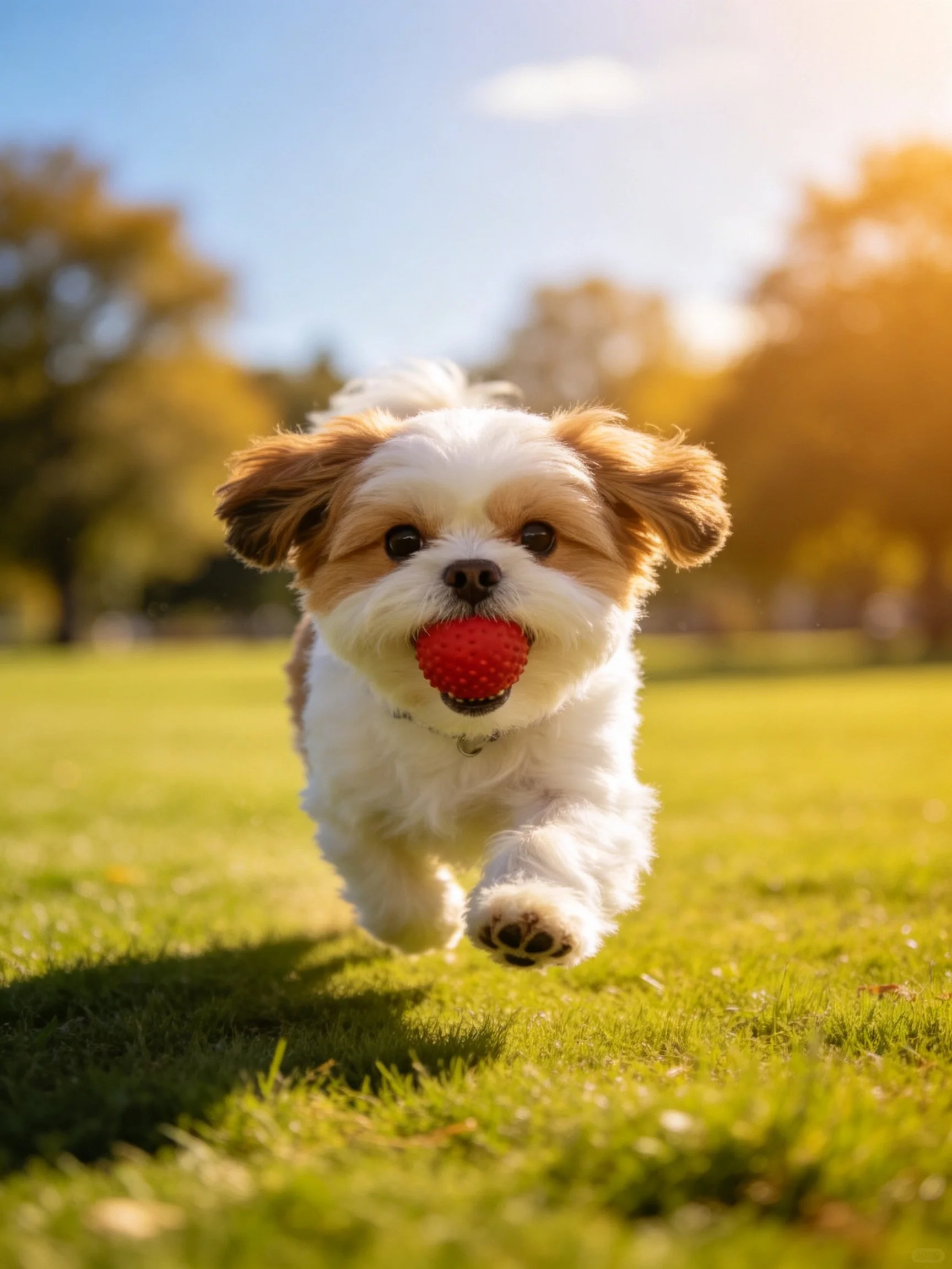 A small brown-and-white dog carries a bright red ball while running on green grass in a sunny park.