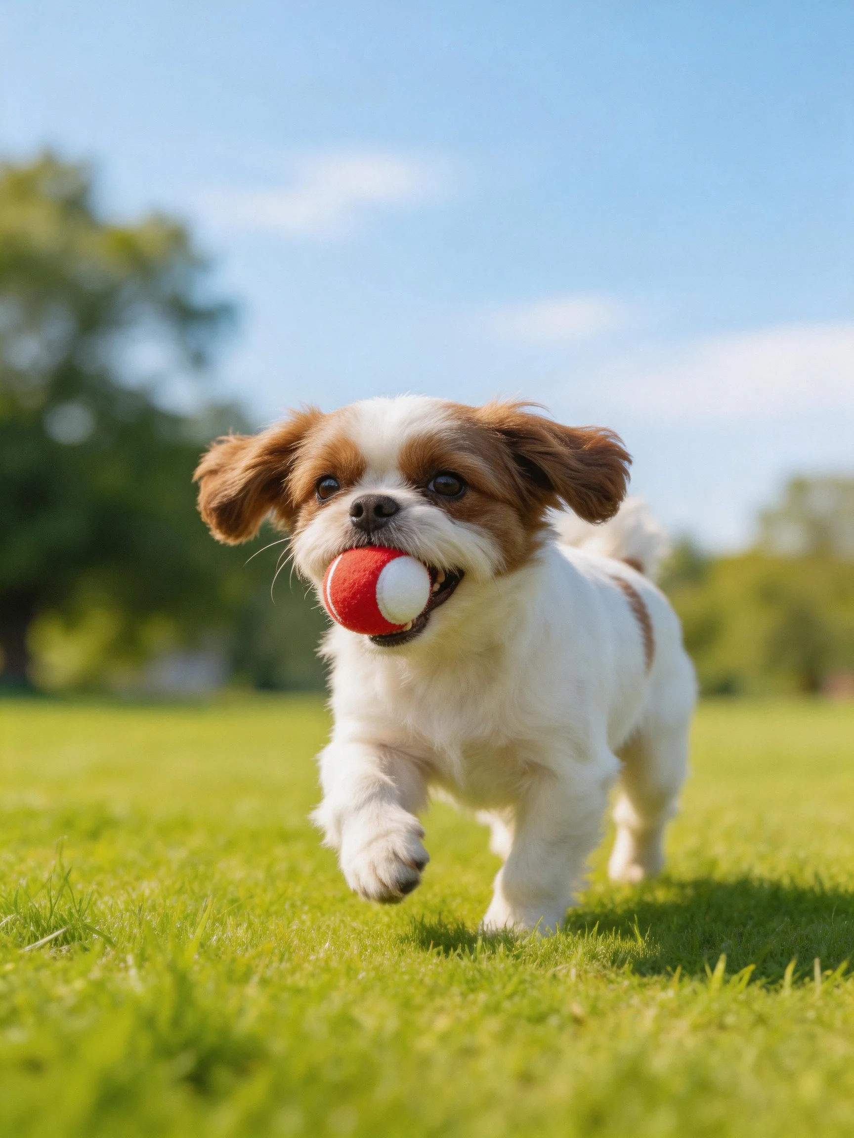 A small brown-and-white dog runs outdoors carrying a red ball.