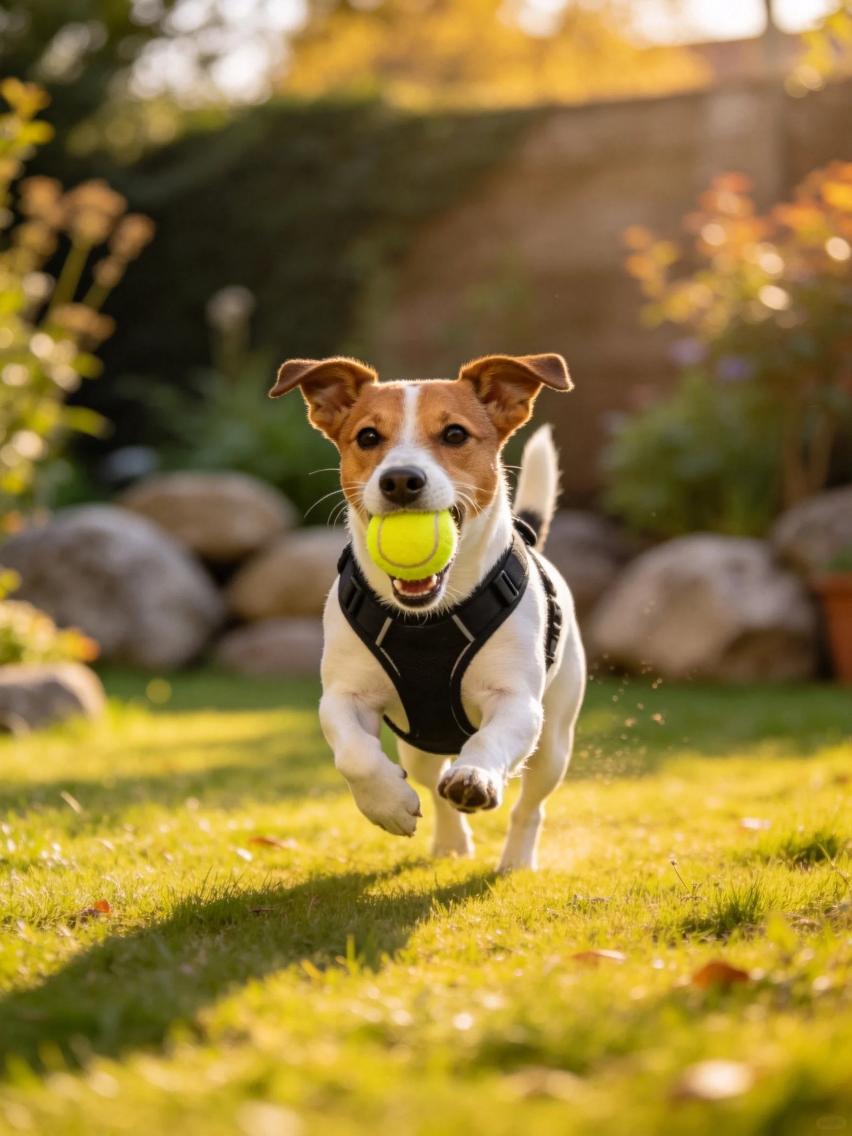 A small dog joyfully runs with a tennis ball in a sunlit garden