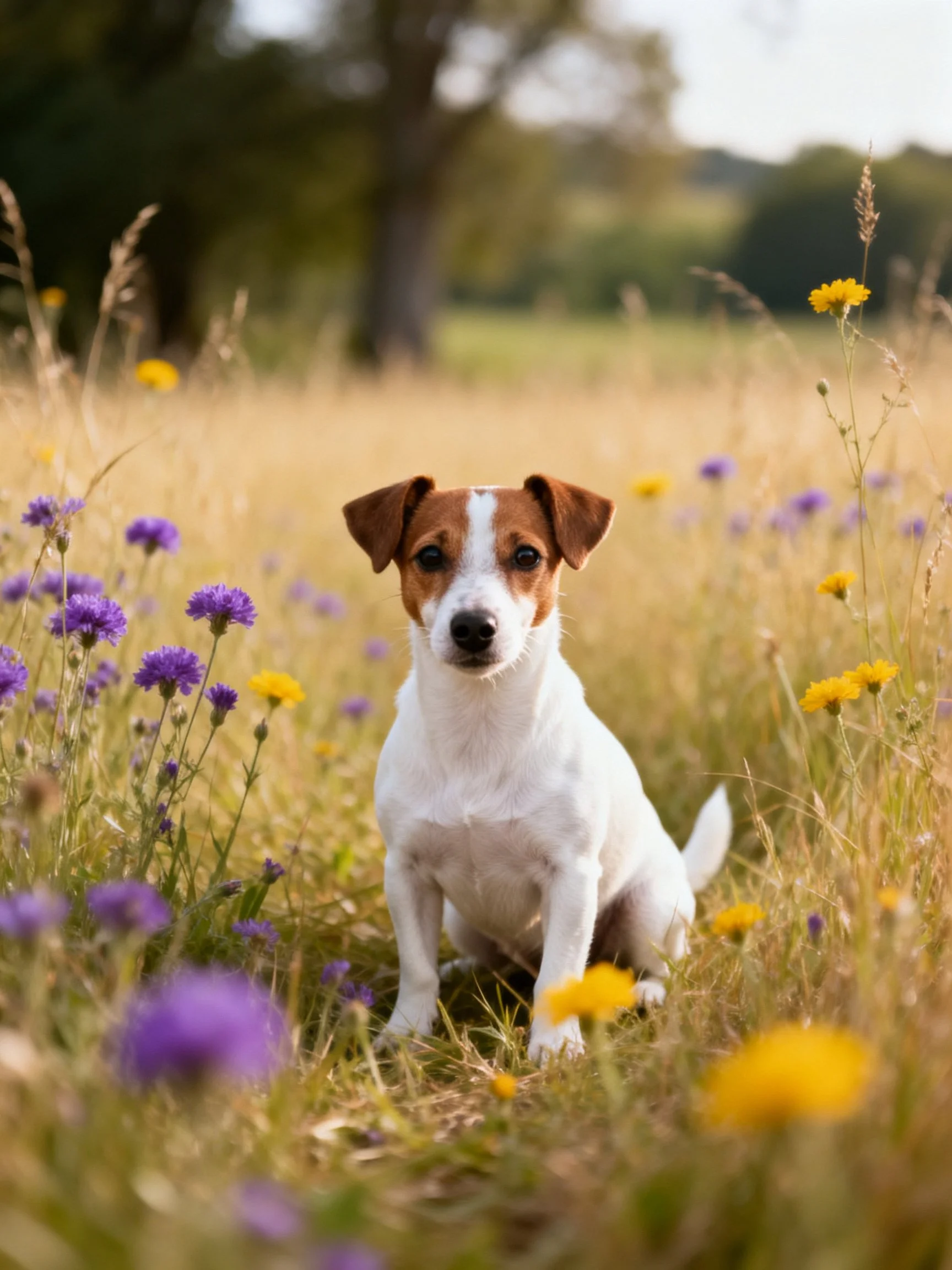 A small brown-and-white dog sits calmly in a field of colorful wildflowers.