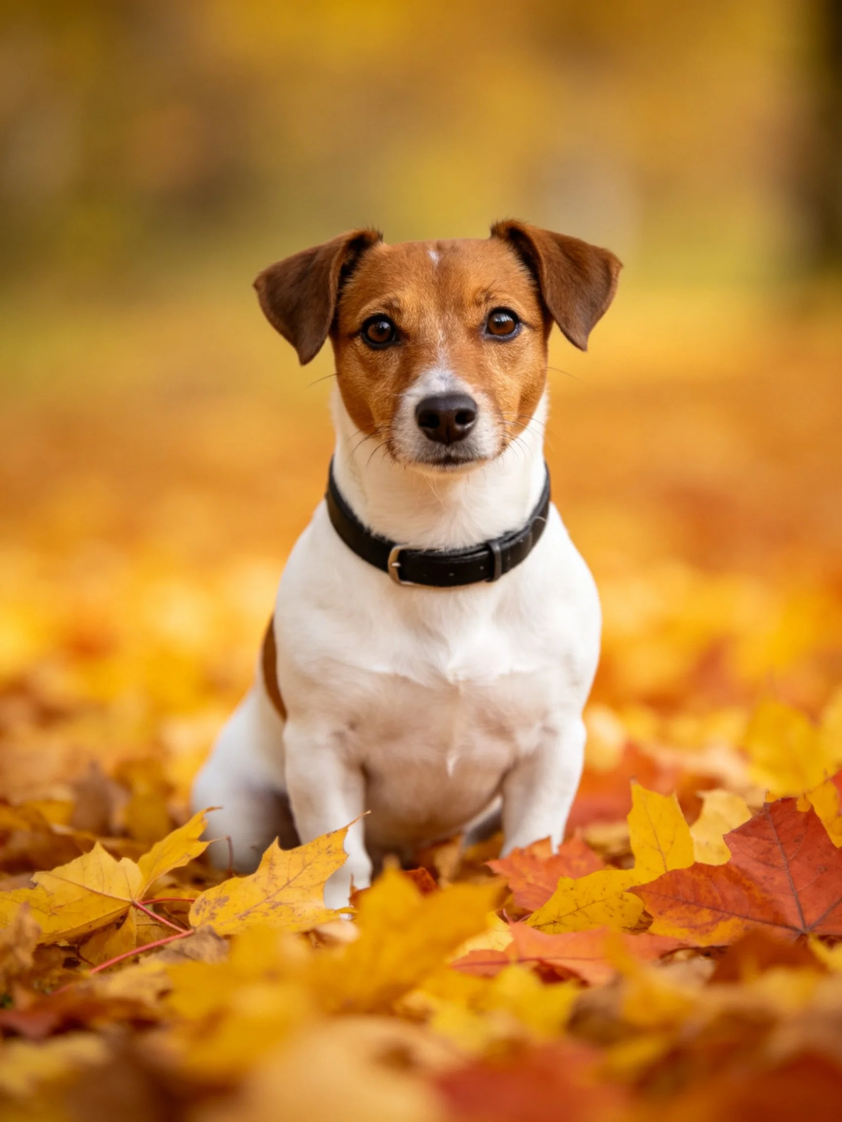A small brown-and-white dog sits calmly among colorful fallen autumn leaves.