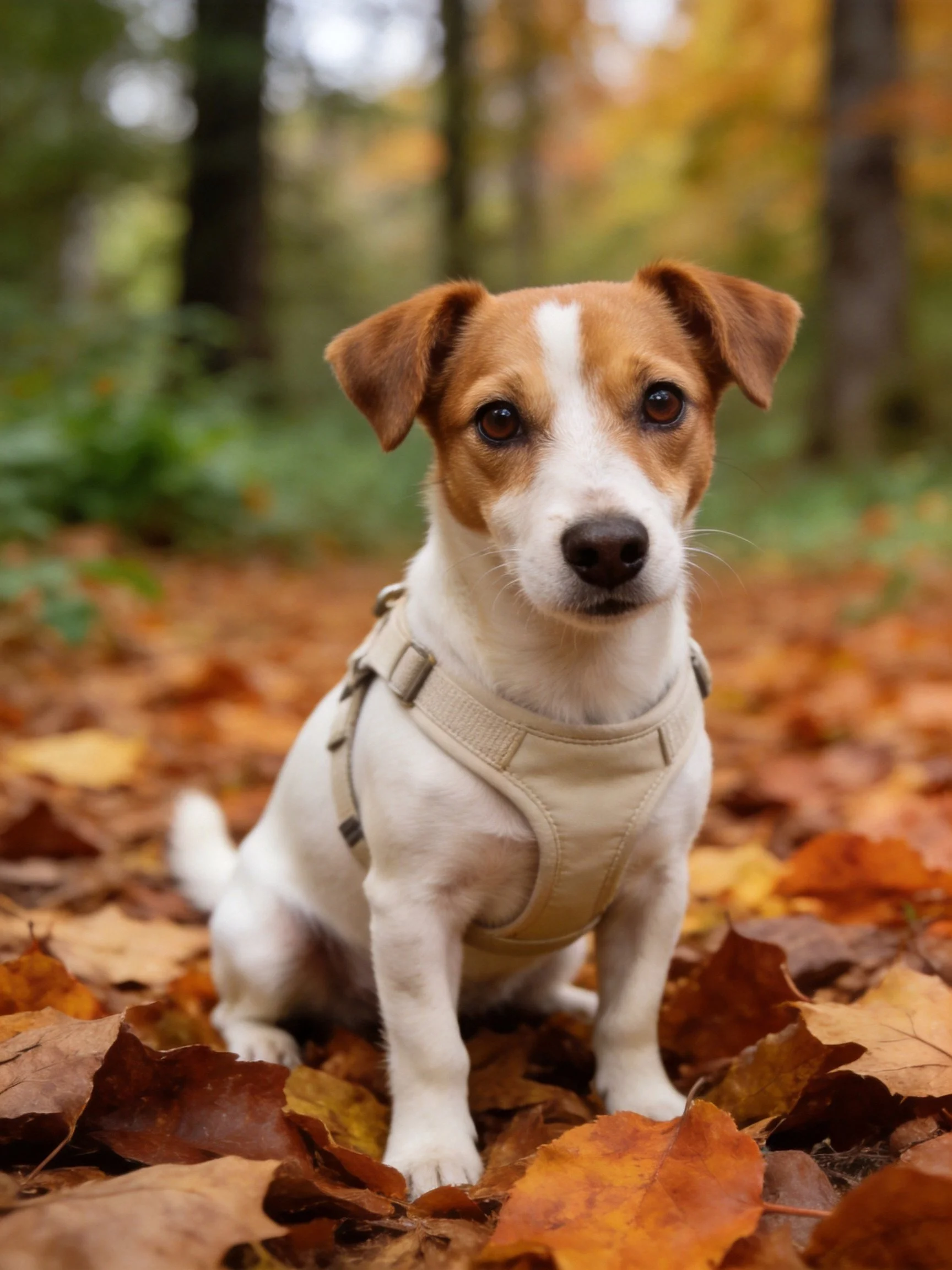 A small brown-and-white dog sits calmly amid fallen autumn leaves in a wooded area.