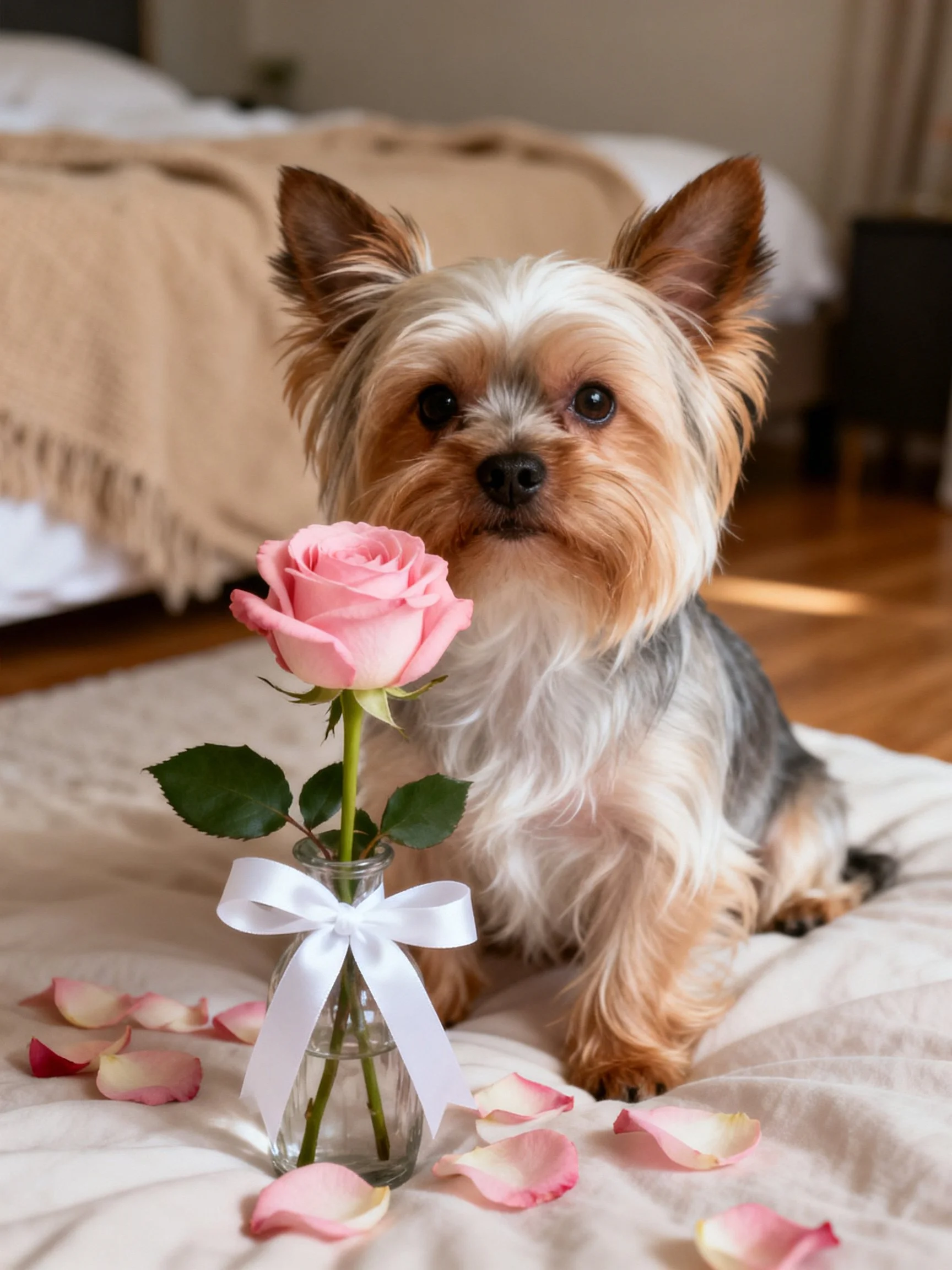 A small dog sits near a pink rose with petals on a bed.